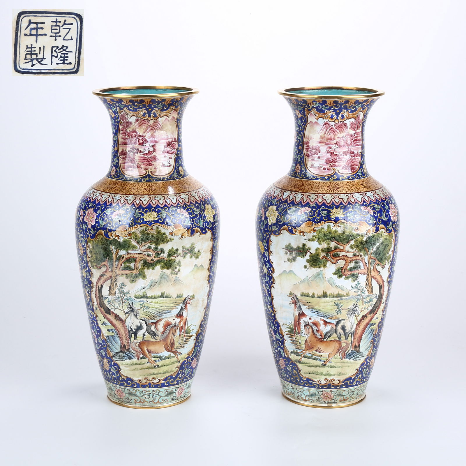 A SET OF CLOISONNÉ ENAMELED PRESENTATION VASES WITH FINE STEED MOTIF (1 of 11)