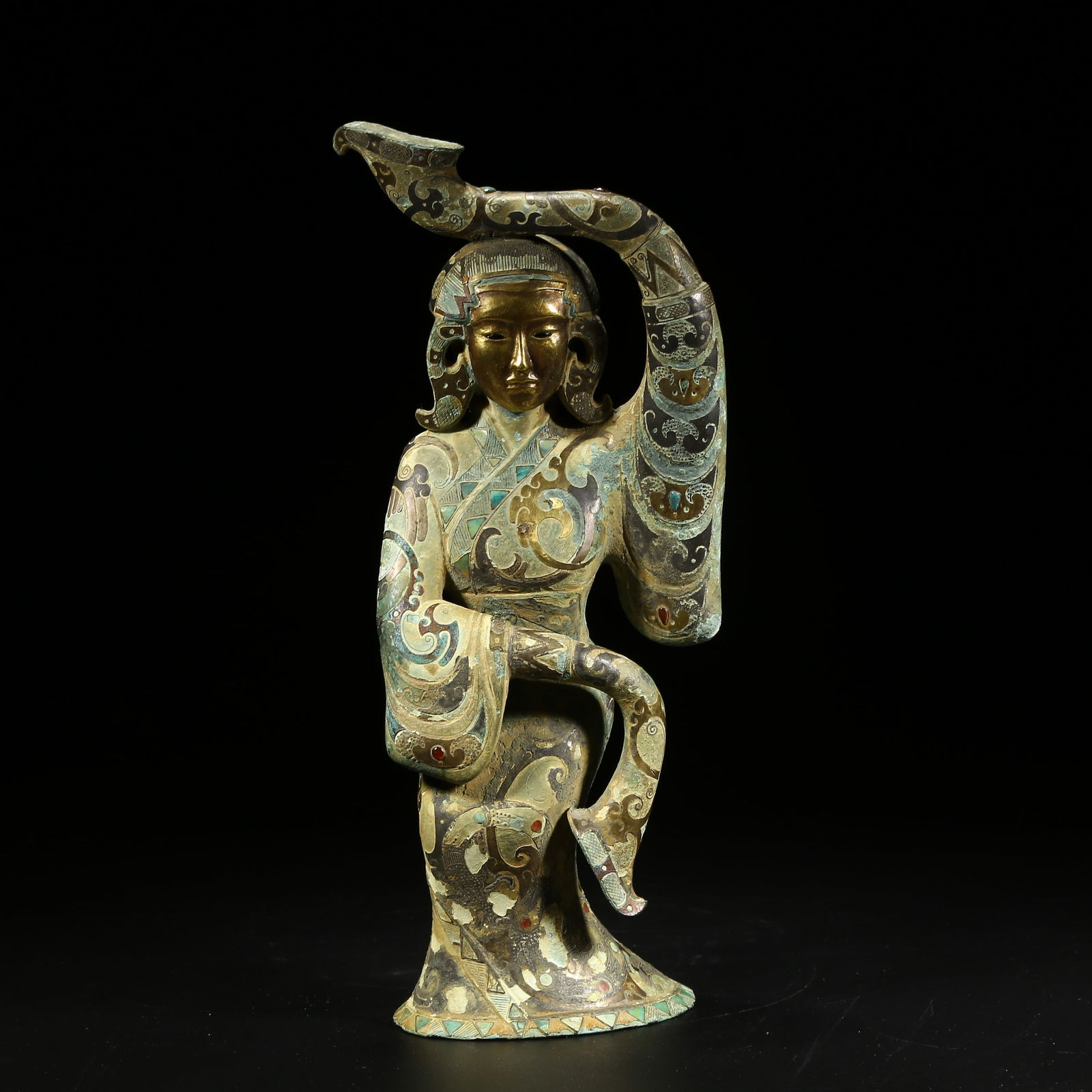 A BRONZE DANCING FIGURE INLAID WITH GOLD AND SILVER: Bronze dancing figure inlaid with gold and silver