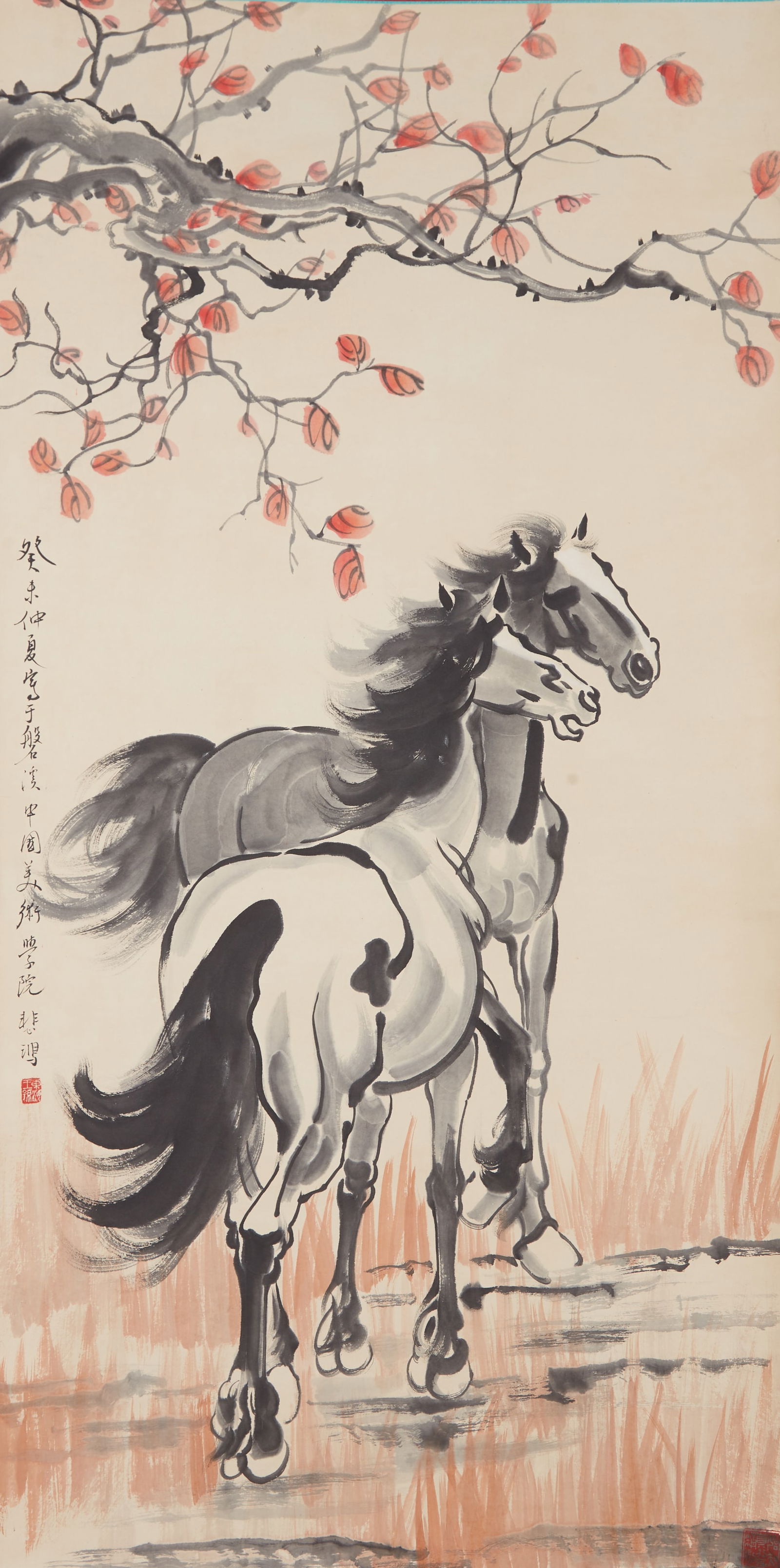 A DOUBLE HORSES PAINTING ON PAPER BY XU BEIHONG.徐悲鴻 (1 of 10)