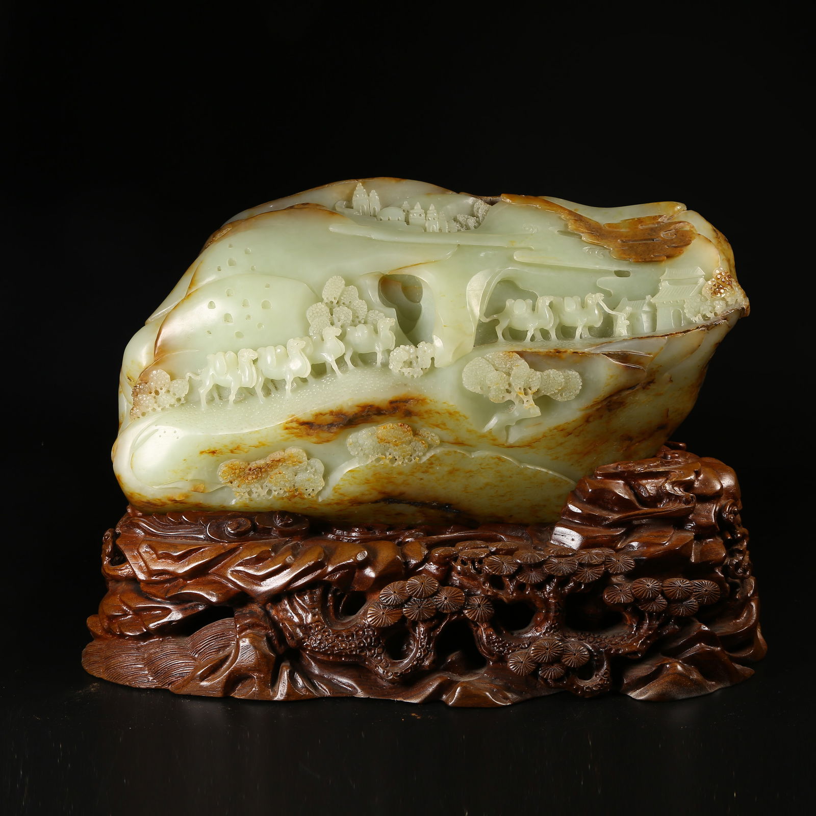 A HETIAN JADE LANDSCAPE AND FIGURE MOUNTAIN-FORM ORNAMENT (1 of 9)