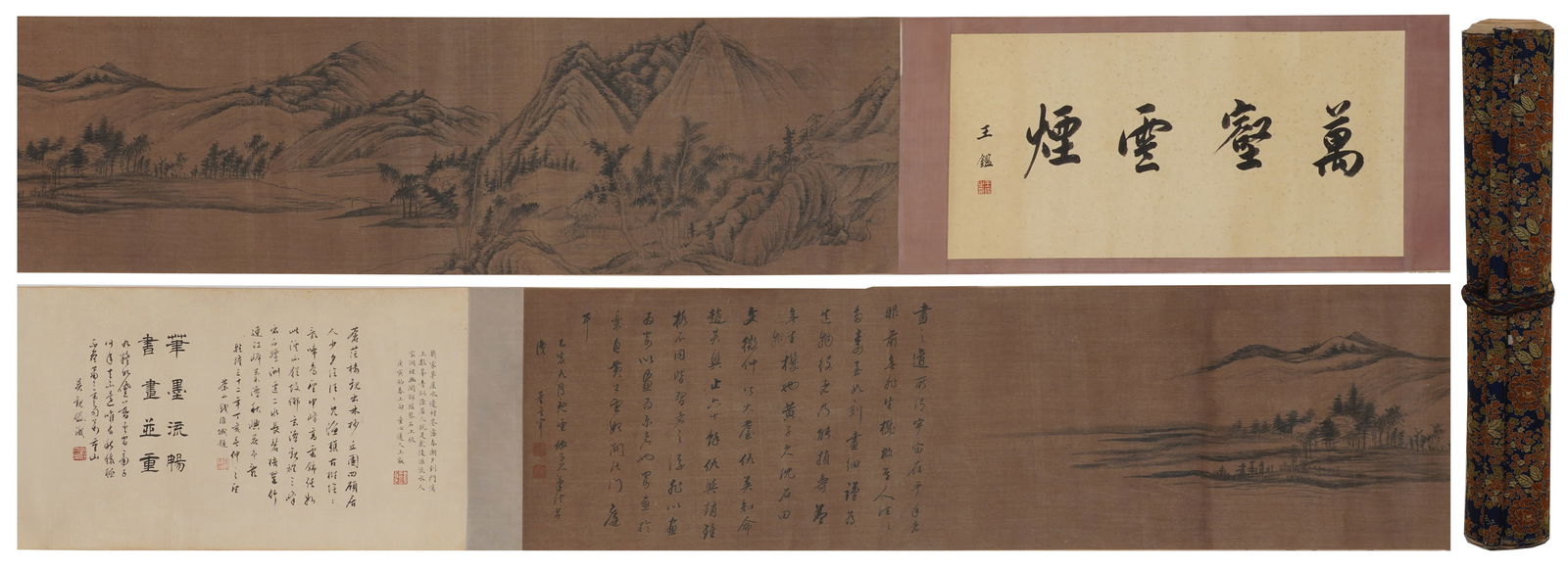 A LANDSCAPE PAINTING HANDSCROLL ON SILK BY DONG QICHANG.董其昌: Landscape Painting Handscroll on Silk by Dong Qichang.董其昌