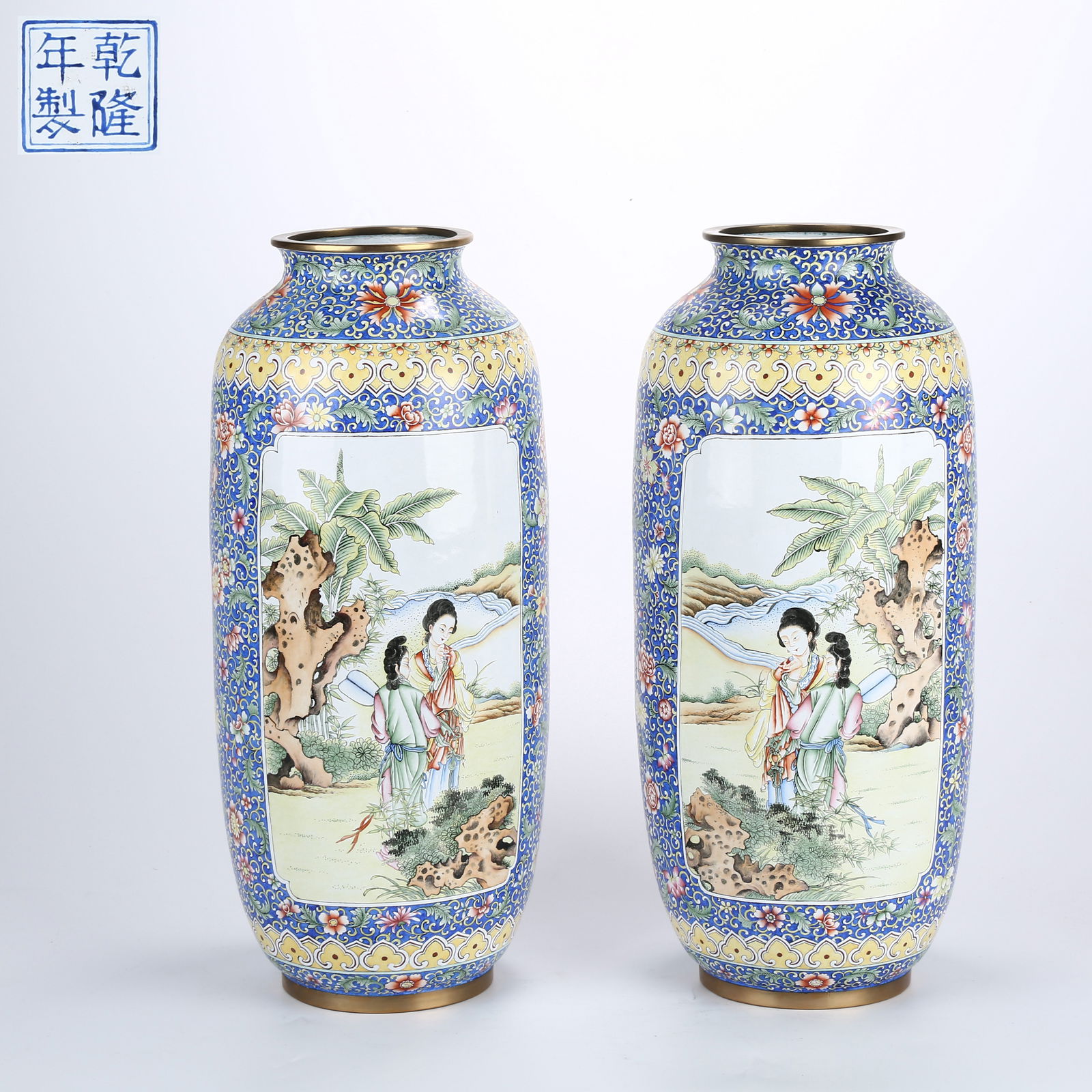 A SET OF CLOISONNÉ ENAMELED LANTERN-SHAPED VASES WITH PLANTAIN AND LADY FIGURE MOTIF: Set of cloisonné enameled lantern-shaped vases with plantain and lady figure motif