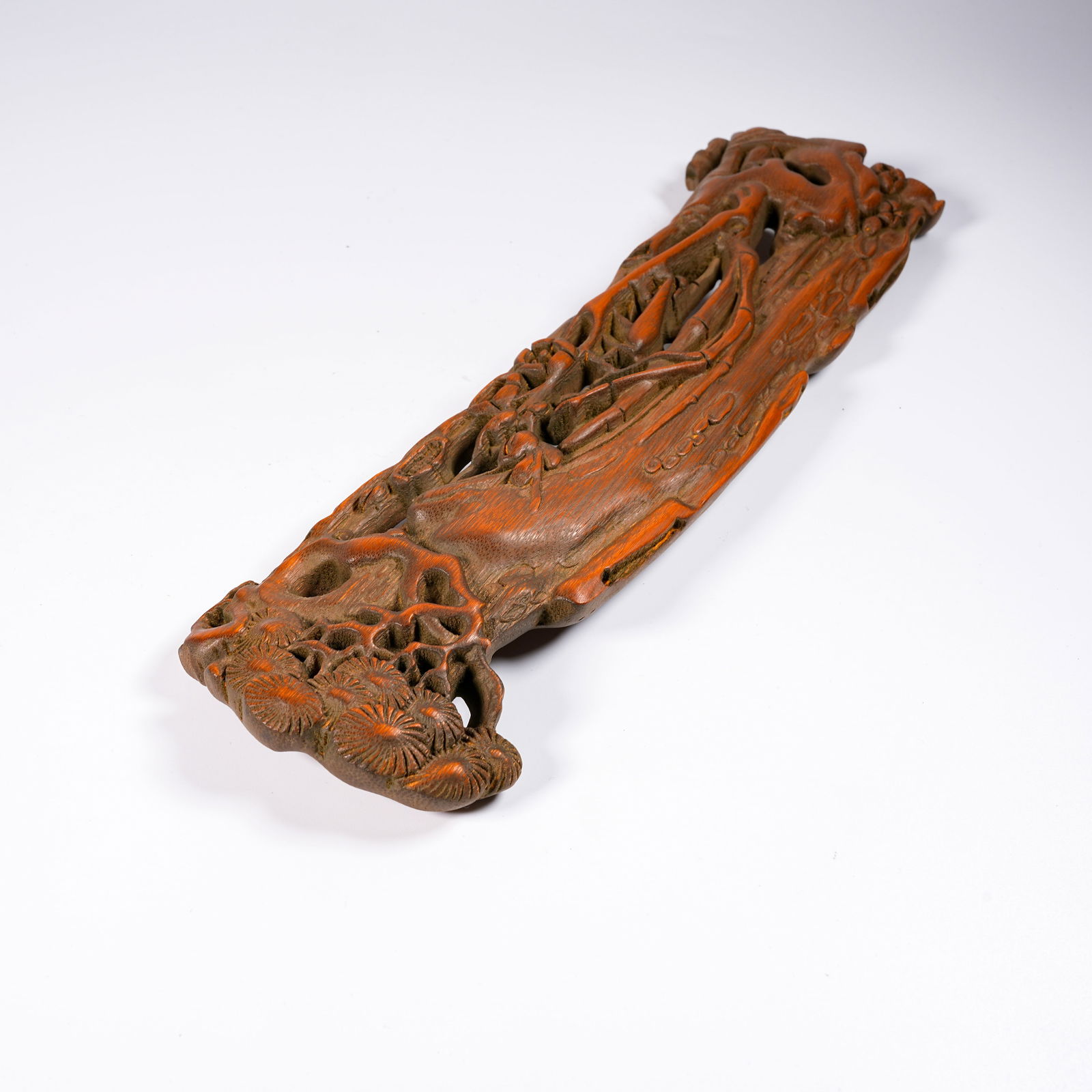 A BAMBOO CARVED FLORAL-PATTERN ARMREST - 8