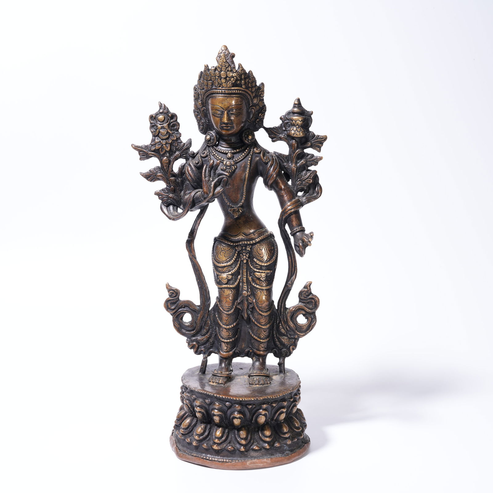 A BRONZE STANDING GUANYIN HOLDING LOTUS: Bronze Standing Guanyin Holding Lotus