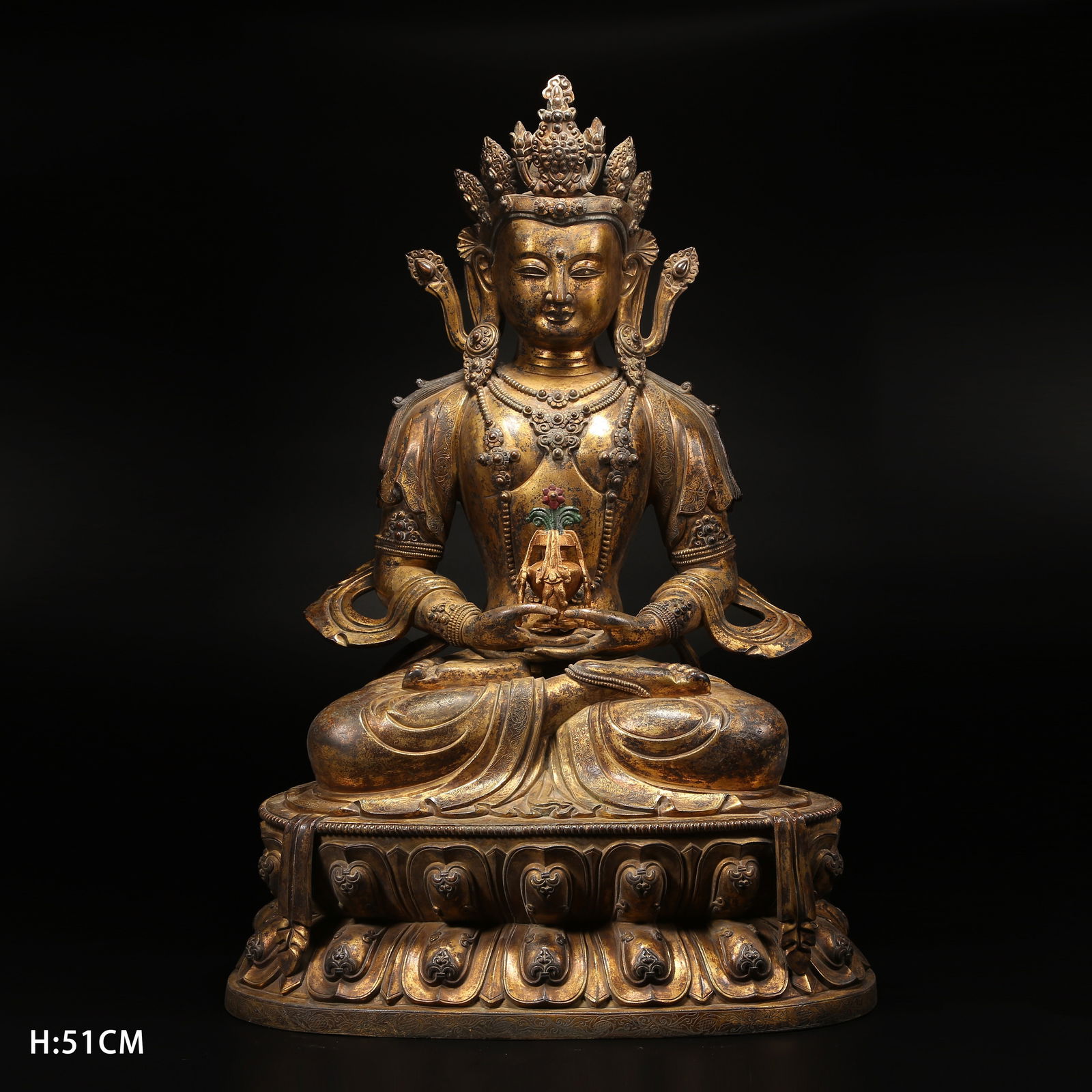 A GILT BRONZE AMITAYUS BUDDHA IN KANGXI STYLE: Gilt Bronze Amitayus Buddha in Kangxi Style