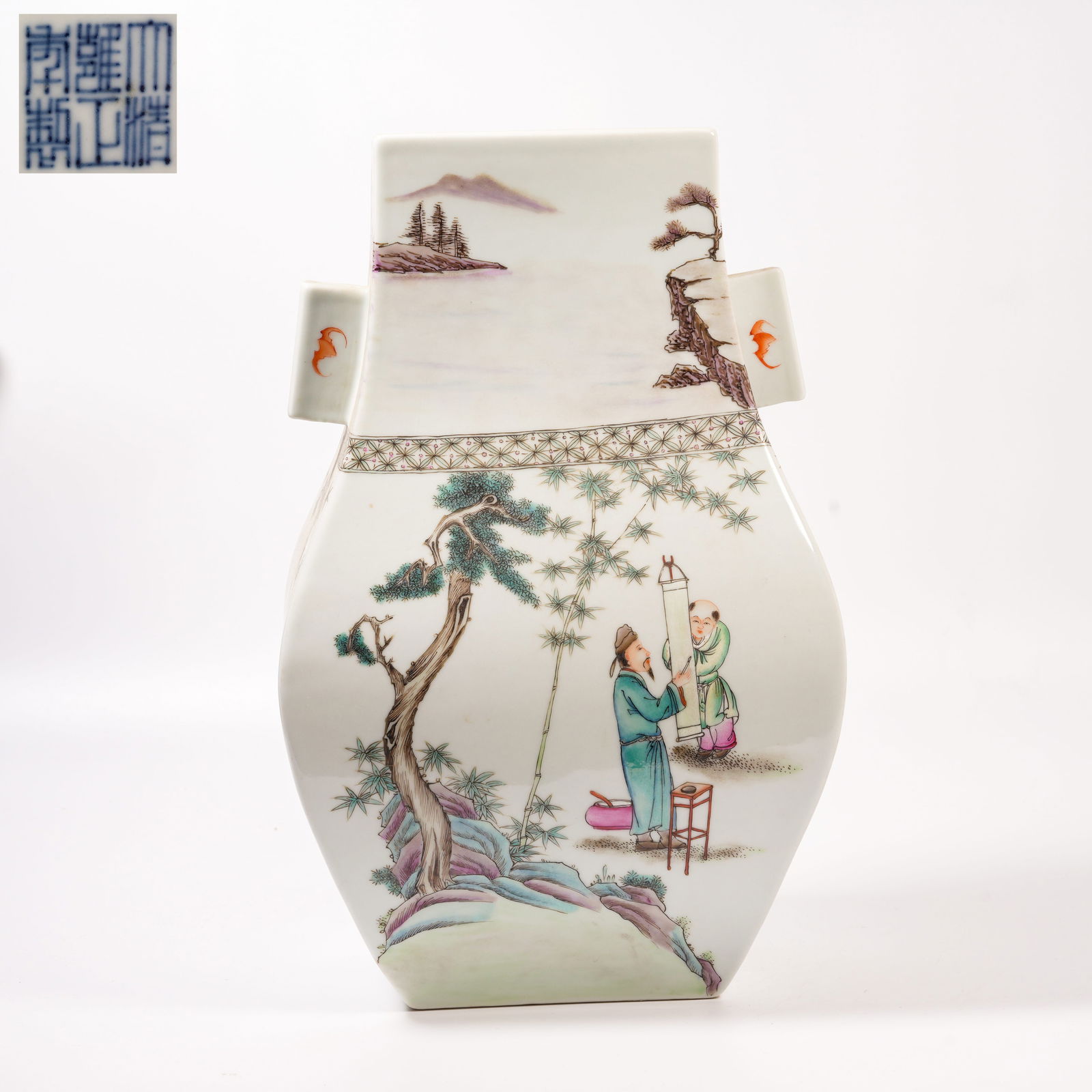 A FAMILLE-ROSE GUAN-HANDLED VASE WITH "ELEGANT GATHERING BENEATH PINES" SCENE: Famille-Rose Guan-Handled Vase with "Elegant Gathering Beneath Pines" Scene