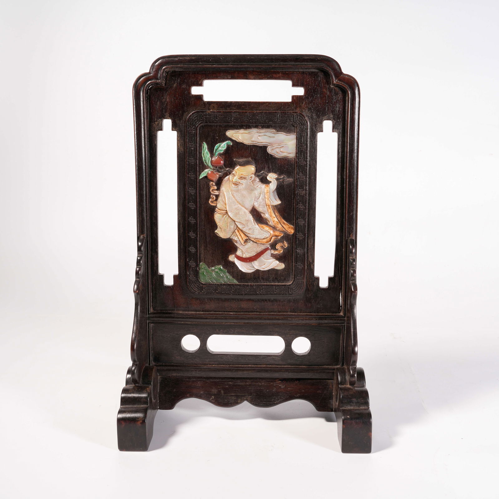 A ZITAN WOOD SCREEN WITH MOTHER-OF-PEARL AND PRECIOUS MATERIALS INLAID, SHOU STAR MOTIF: Zitan Wood Screen with Mother-of-Pearl and Precious Materials Inlaid, Shou Star Motif