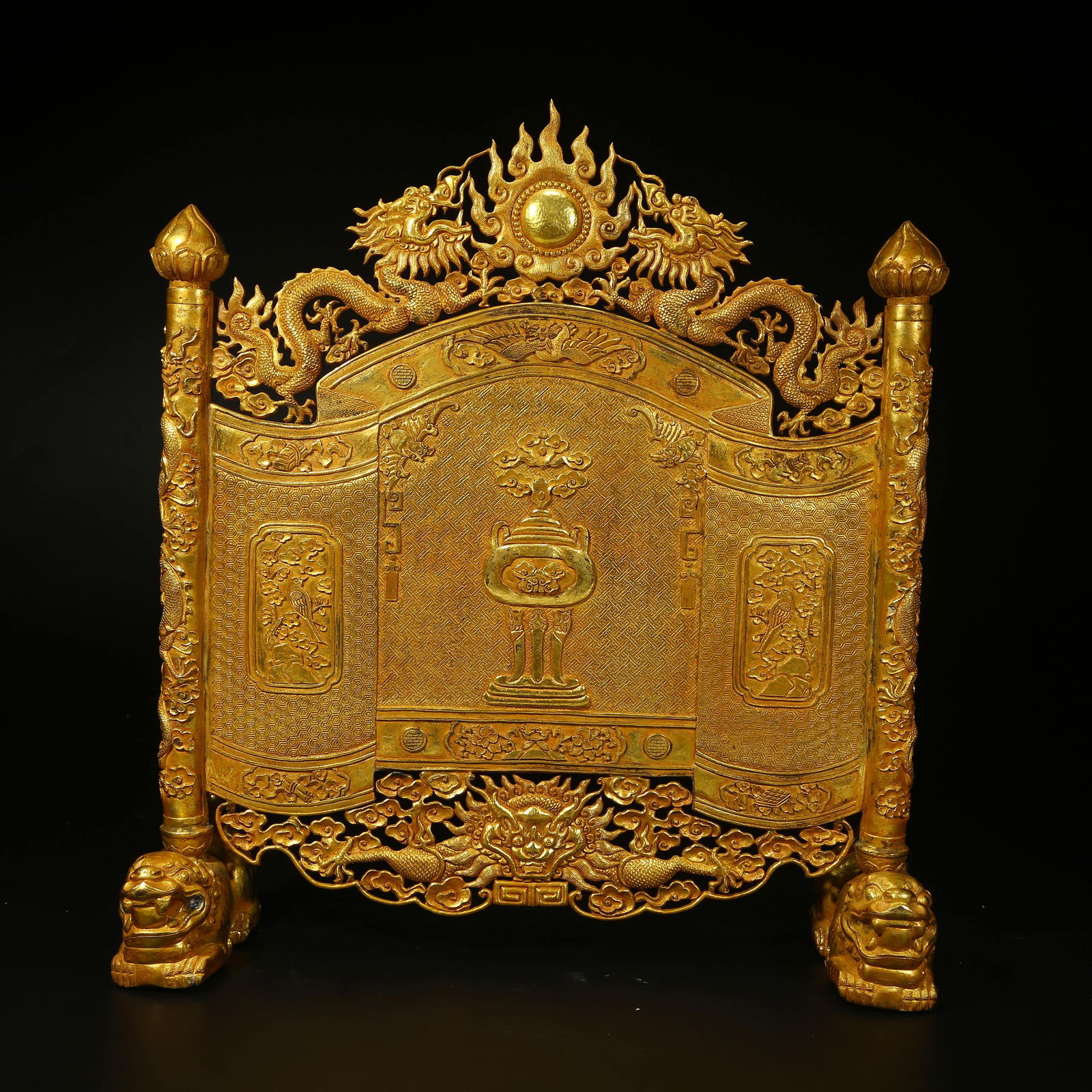 A GILT BRONZE IMPERIAL EDICT PANEL SCREEN: Gilt bronze imperial edict panel screen