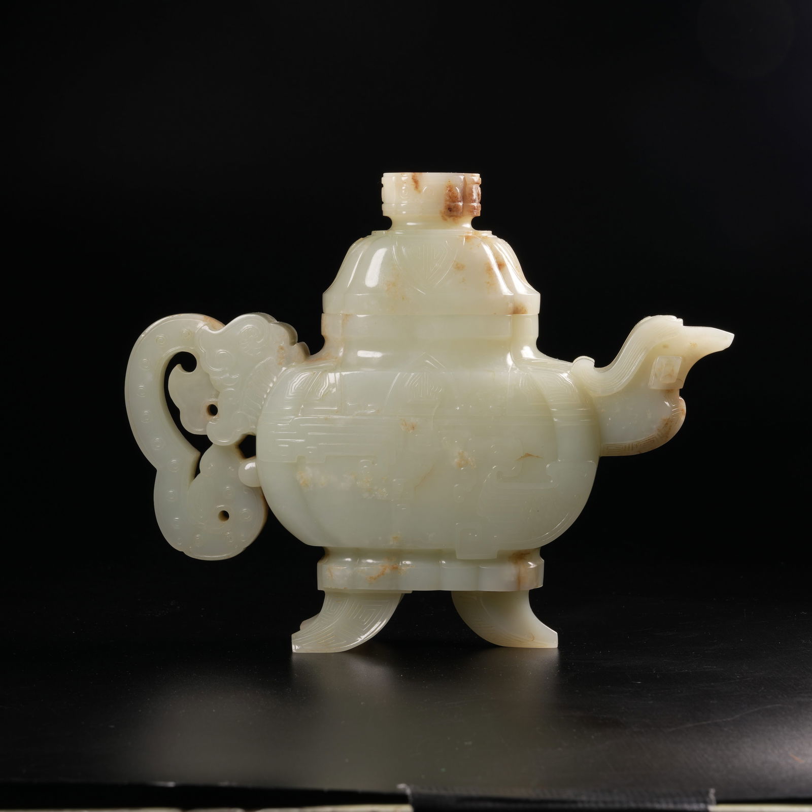 A MEDIEVAL JADE PHOENIX-SHAPED EWER: Medieval jade phoenix-shaped ewer