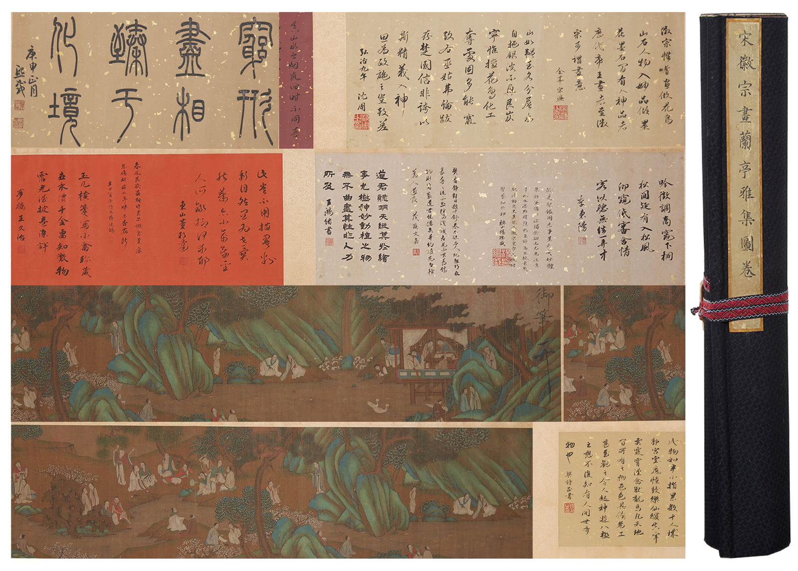 A LANTING GATHERING PAINTING HANDSCROLL ON SILK BY EMPEROR HUIZONG OF THE SONG DYNASTY.宋: Lanting Gathering Painting Handscroll on Silk by Emperor Huizong of the Song Dynasty.宋徽宗
