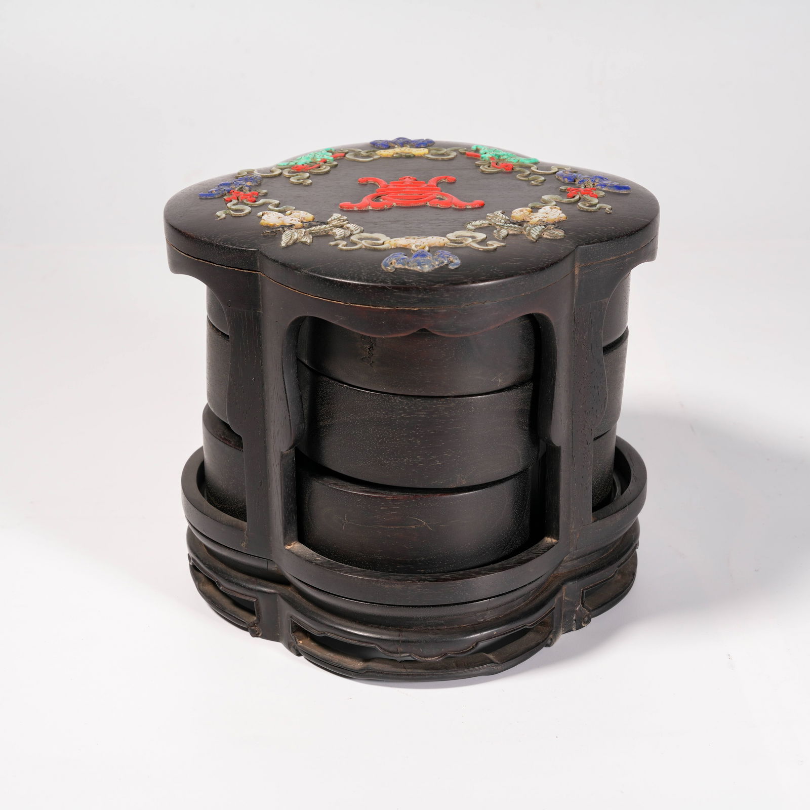 A ZITAN WOOD INK BOX INLAID WITH PRECIOUS MATERIALS: Zitan Wood Ink Box Inlaid with Precious Materials