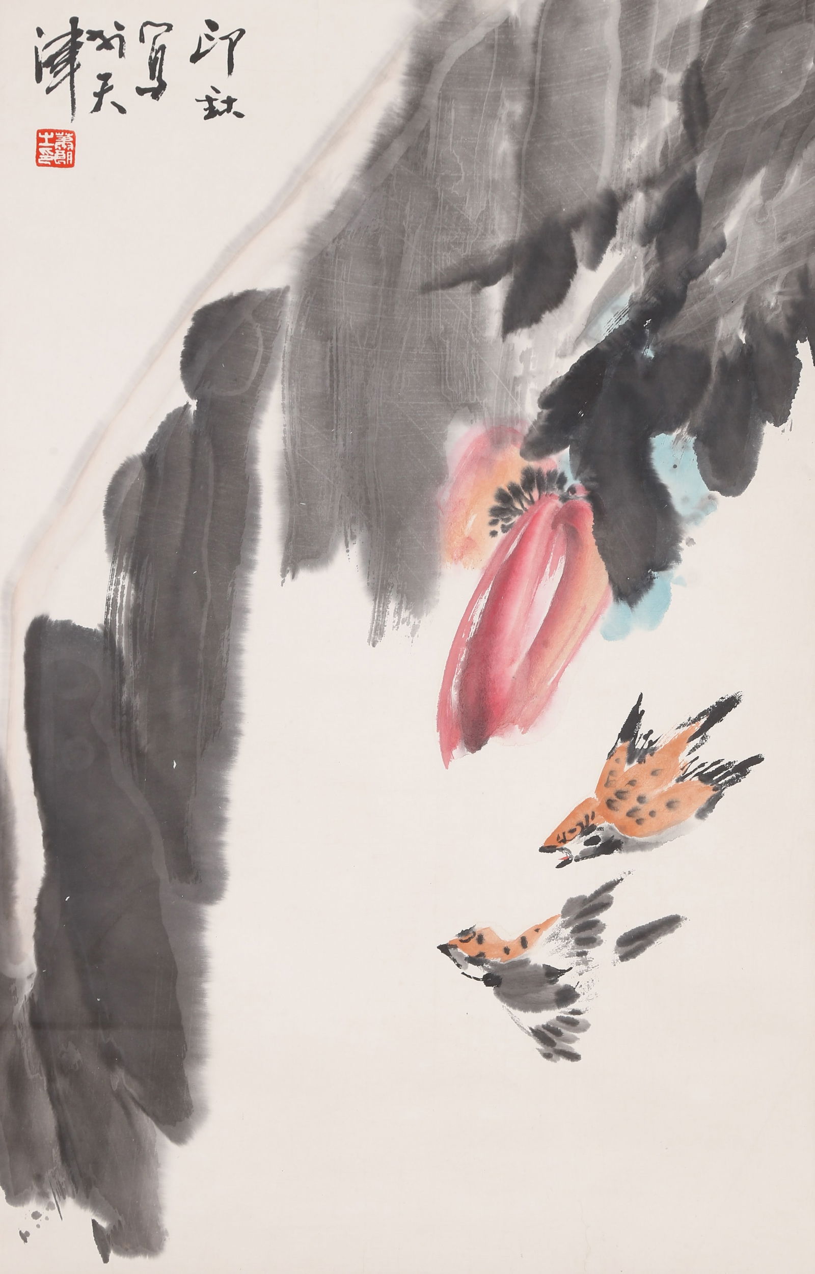 A FLOWER-AND-BIRD PAINTING ON PAPER BY XIAO LANG.蕭朗: Flower-and-Bird Painting on Paper by Xiao Lang.蕭朗