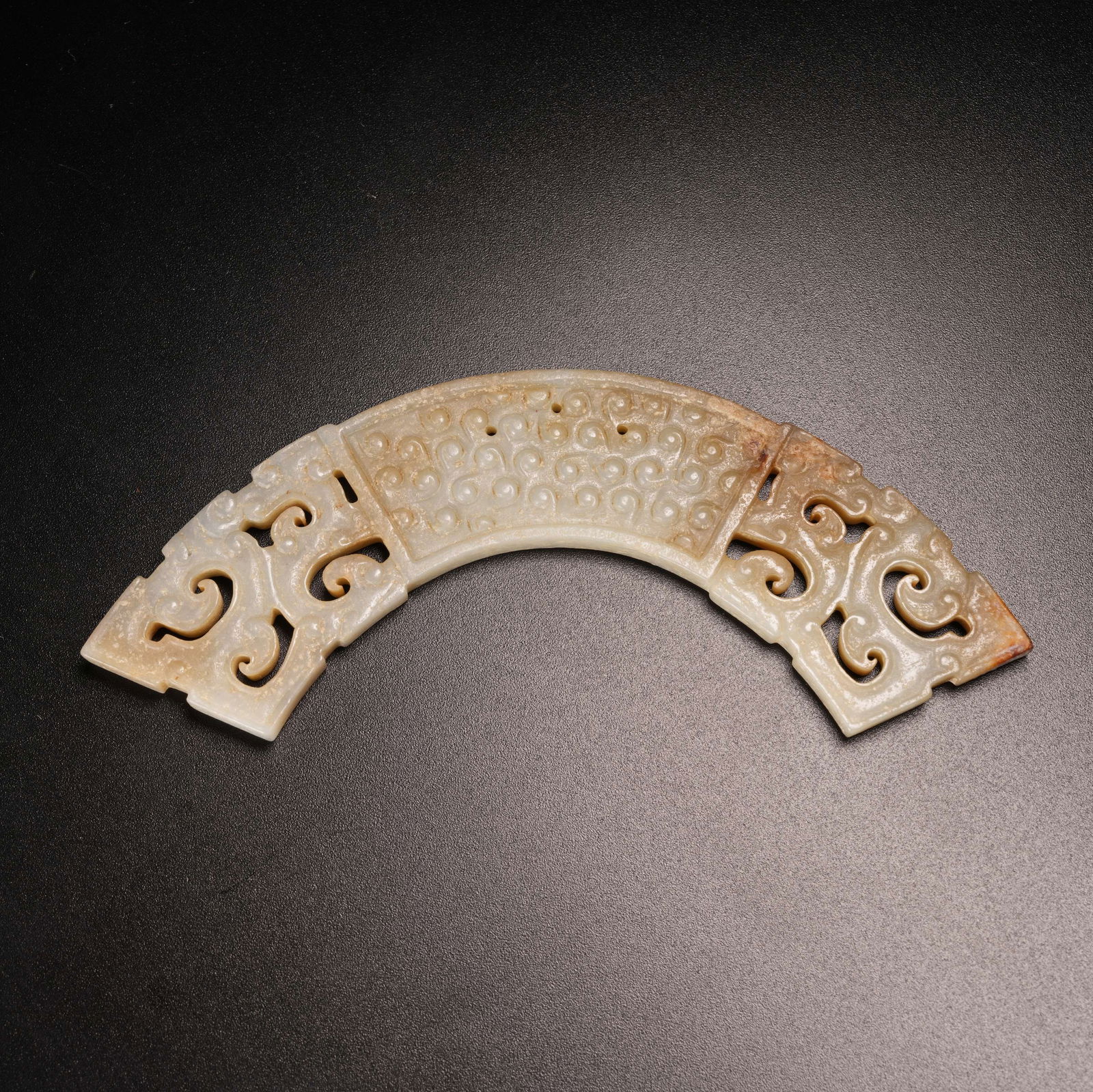 A HOOKED-CLOUD PATTERN HUANG PENDANT IN ARCHAIC JADE: Hooked-Cloud Pattern Huang Pendant in Archaic Jade