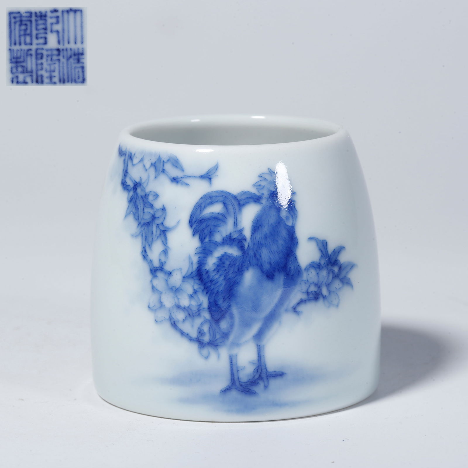 A BLUE-GLAZED WATER POT WITH ROOSTER DESIGN: Blue-glazed water pot with rooster design
