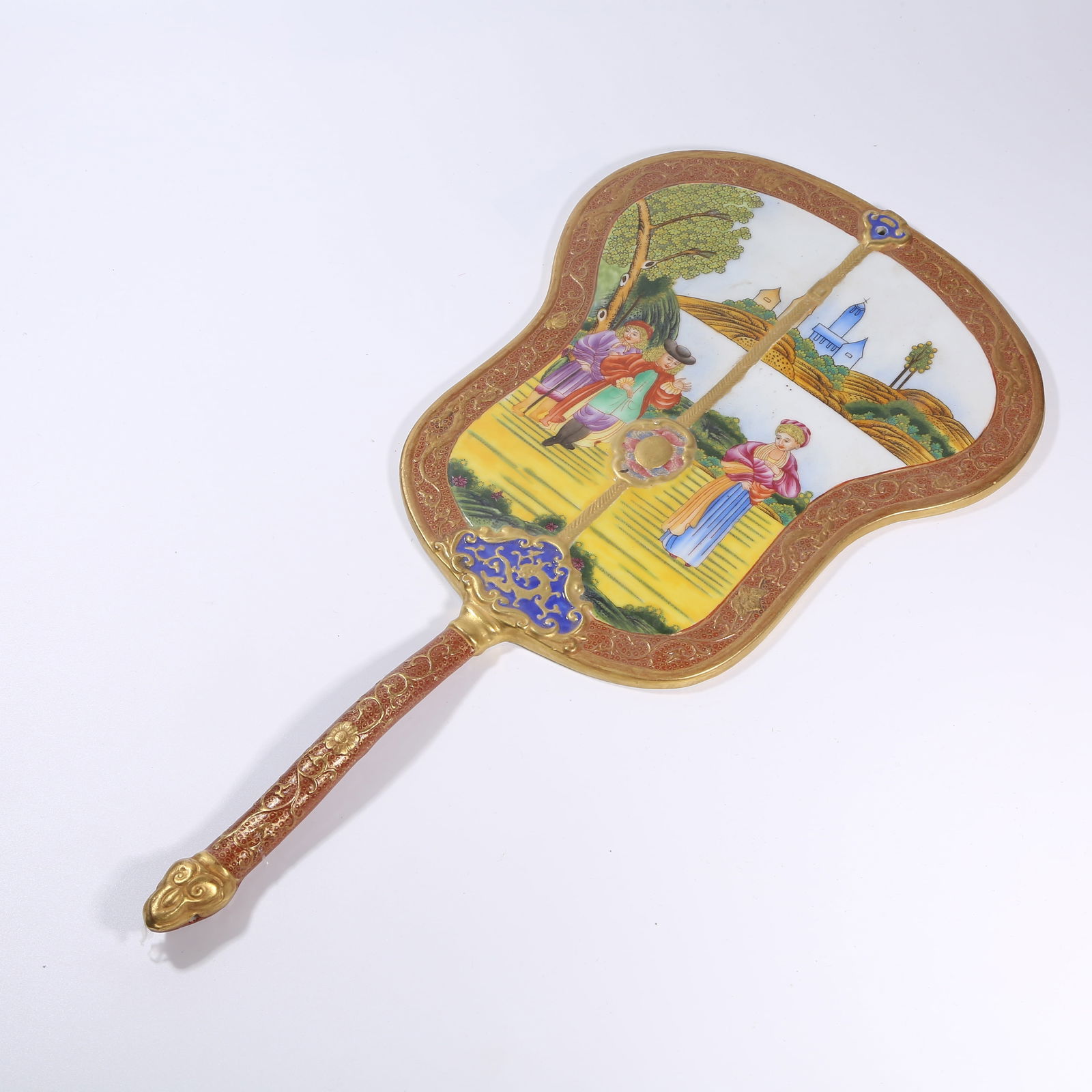 A FAMILLE ROSE FAN-SHAPED PAINTING WITH FIGURES AND STORIES: Famille rose fan-shaped painting with figures and stories