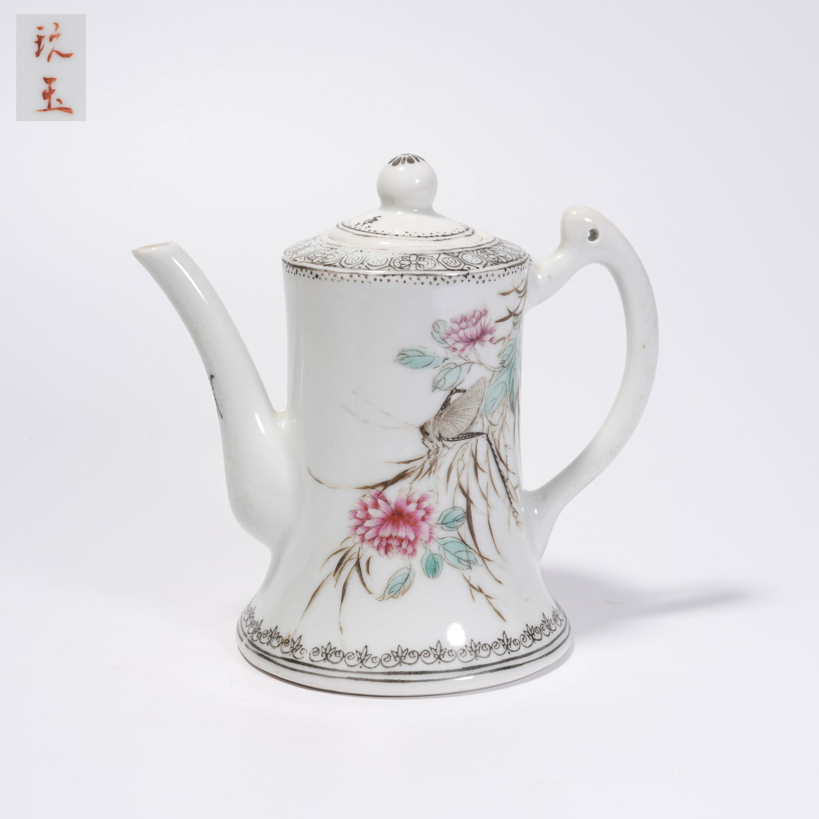 A FAMILLE ROSE EWER WITH FLOWER-AND-INSECT PATTERN: Famille Rose Ewer with Flower-and-Insect Pattern