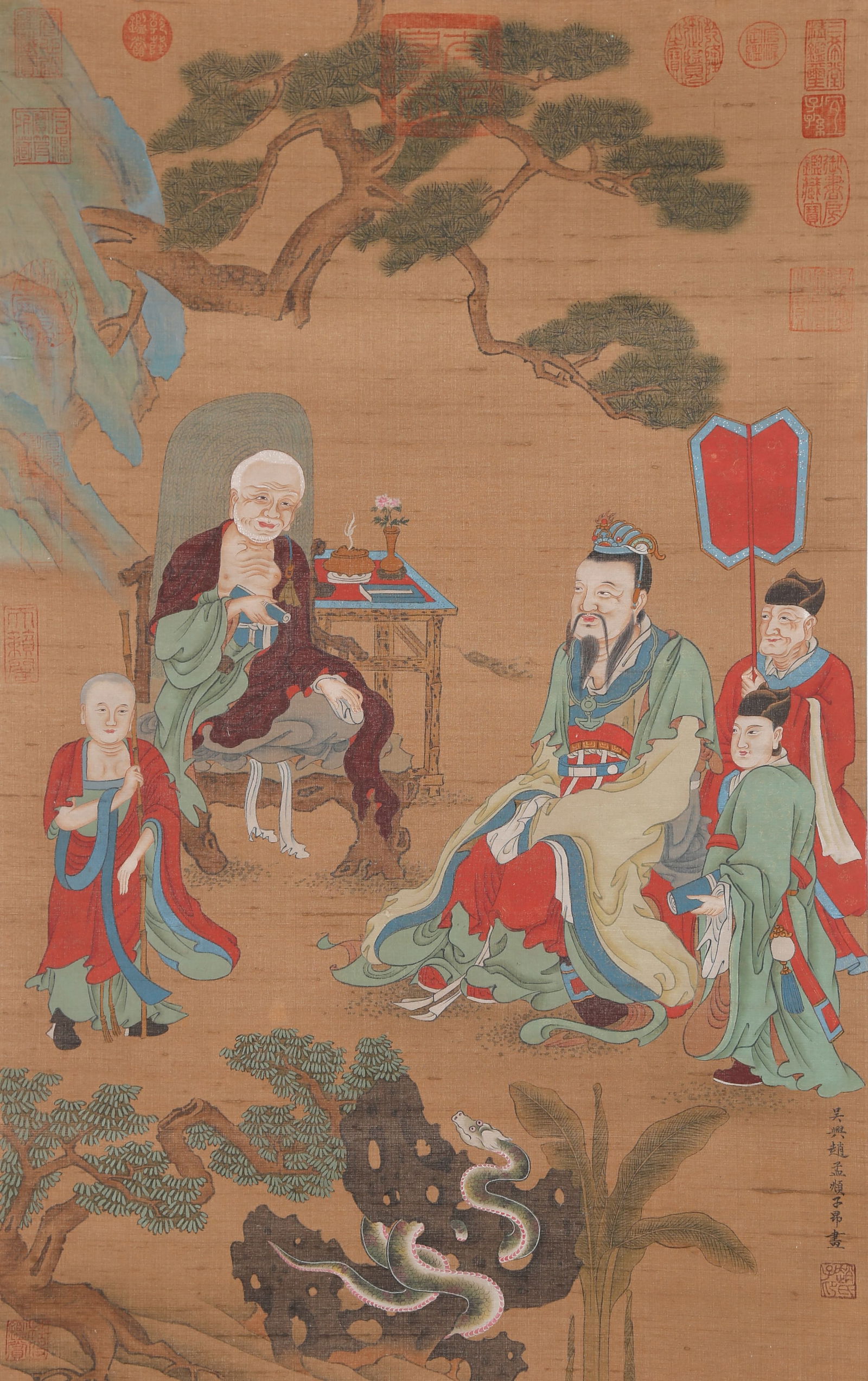 A FIGURE NARRATIVE PAINTING ON SILK BY ZHAO MENGFU.趙孟頫: Figure Narrative Painting on Silk by Zhao Mengfu.趙孟頫