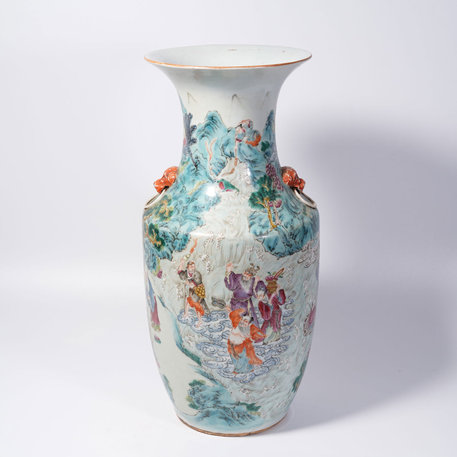 A FAMILLE ROSE DOUBLE-BEAST-HANDLED VASE WITH EIGHT IMMORTALS CROSSING THE SEA PATTERN (1 of 10)