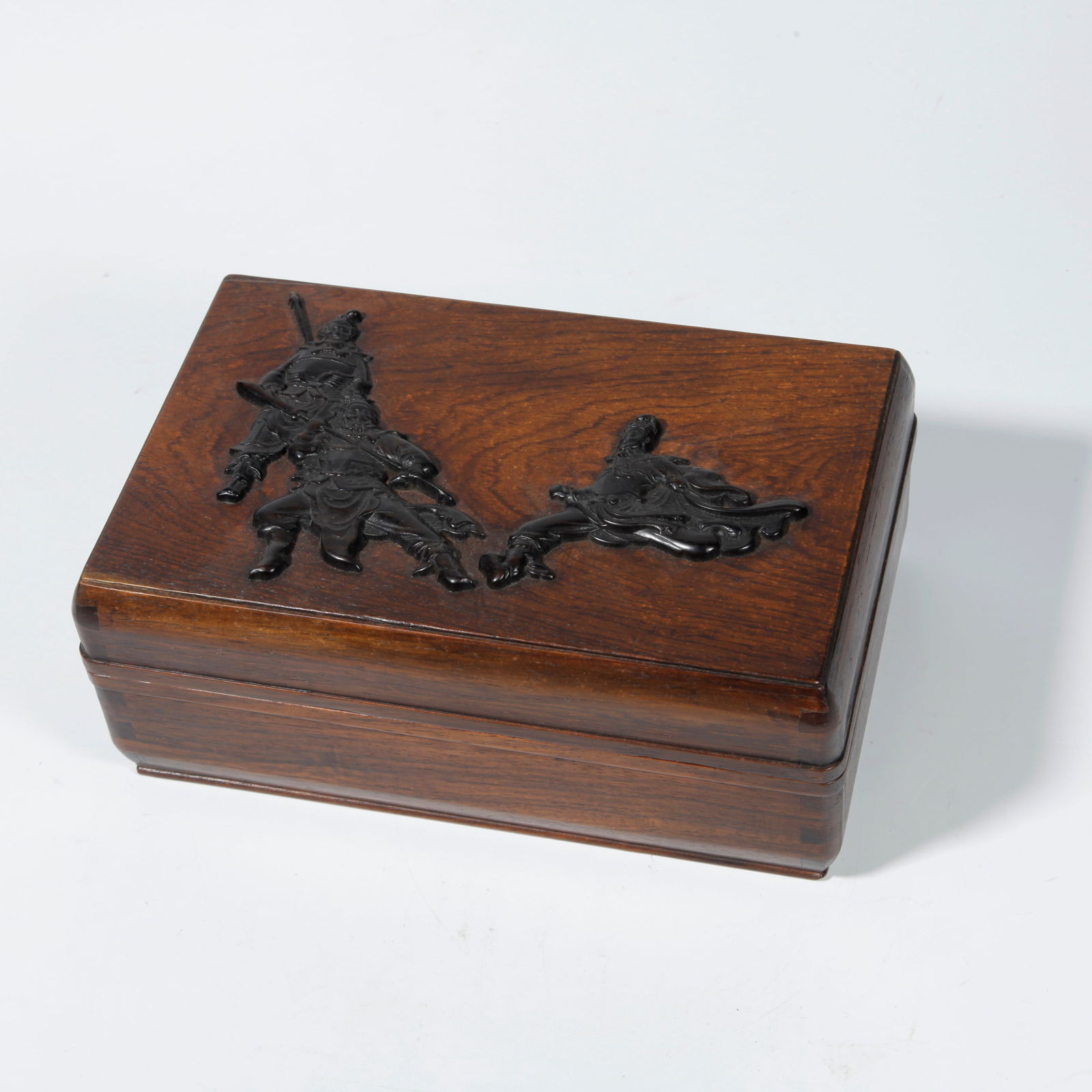 A HUANGHUALI WOOD BOX INLAID WITH ZITAN DEPICTING FIGURES AND STORIES: Huanghuali Wood Box Inlaid with Zitan Depicting Figures and Stories