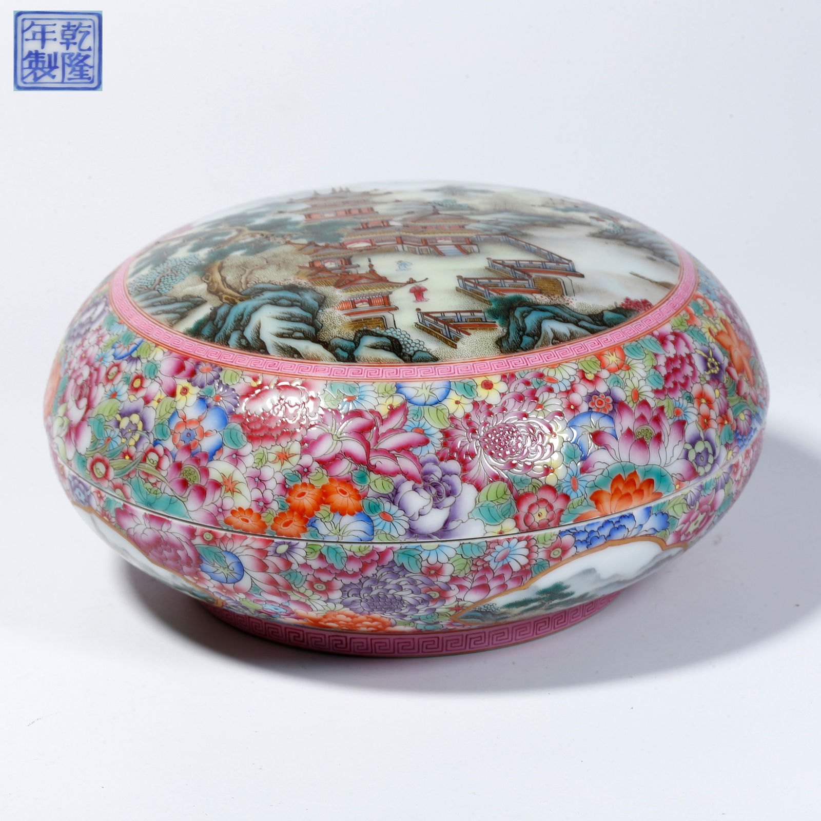 A HUNDRED FLOWERS COVERED BOX WITH LANDSCAPE AND FIGURE DESIGN IN OPEN PANELS: Hundred Flowers covered box with landscape and figure design in open panels