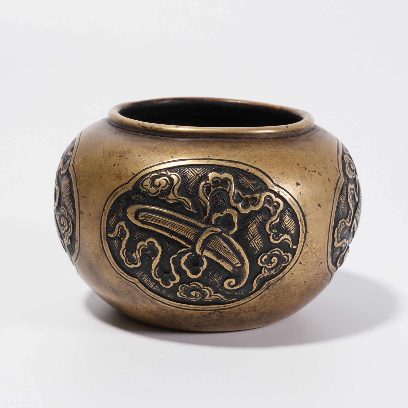 A BRONZE FOUR-TREASURE PATTERN JAR: Bronze Four-Treasure Pattern Jar