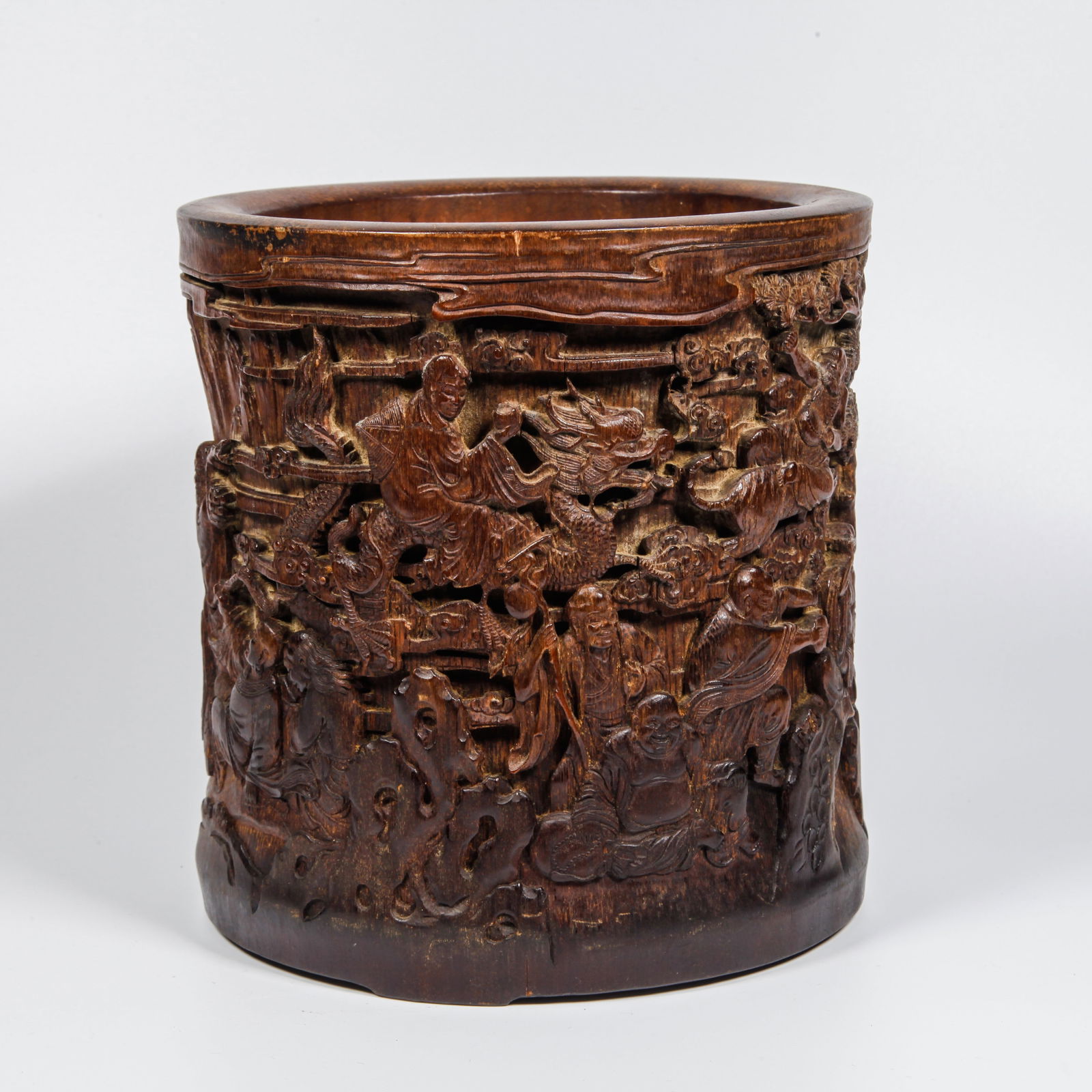A BAMBOO ROOT CARVED FIGURATIVE STORY PATTERN BRUSH HOLDER (1 of 9)