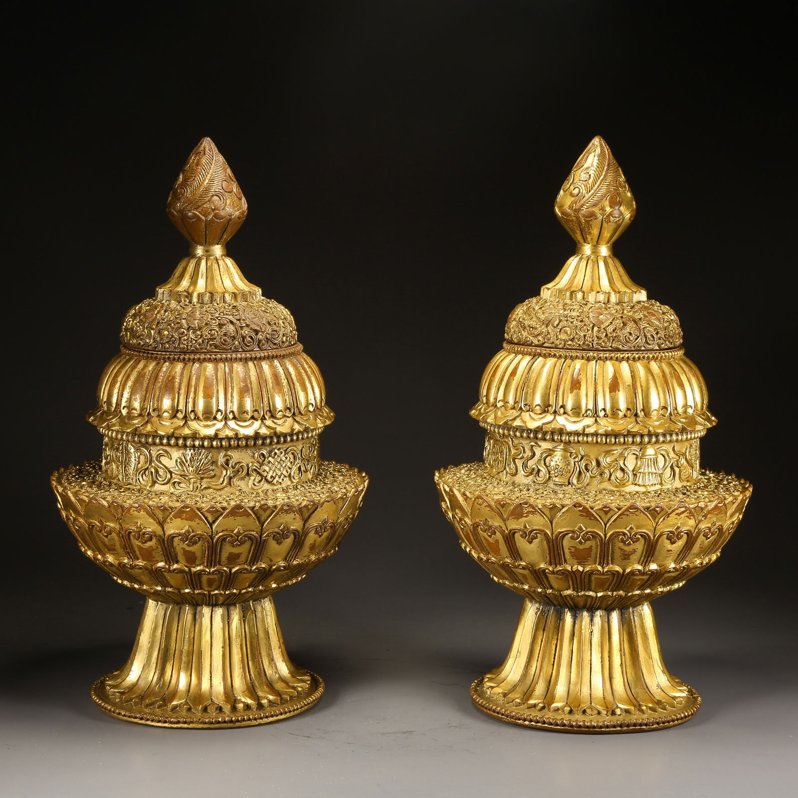 A SET OF GILDED BRONZE TREASURE VASES: Set of gilded bronze treasure vases