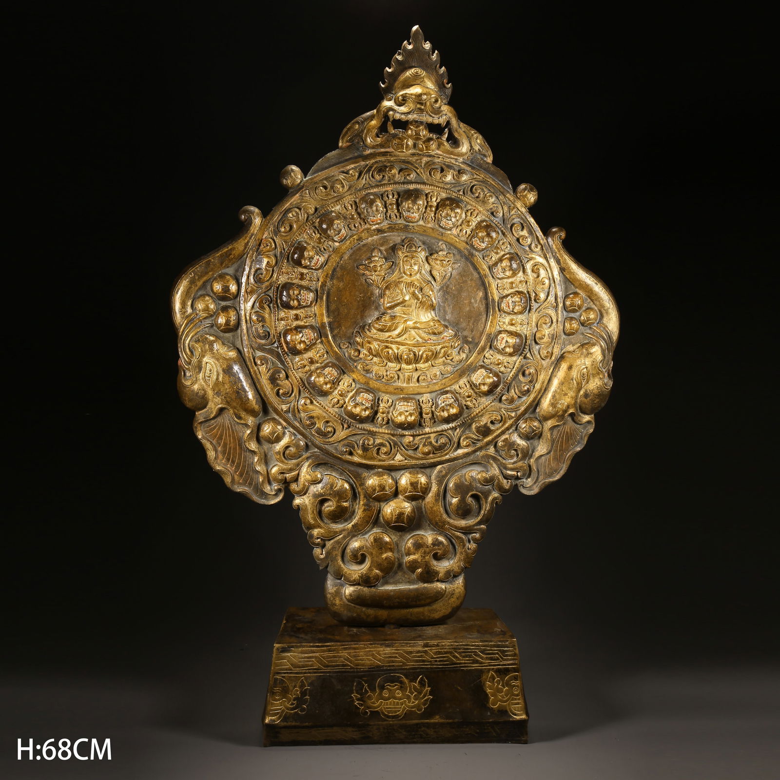 A GILDED BRONZE HAMMERED PRAJNAPARAMITA MOTHER-OF-BUDDHA PLAQUE: Gilded bronze hammered Prajnaparamita mother-of-Buddha plaque