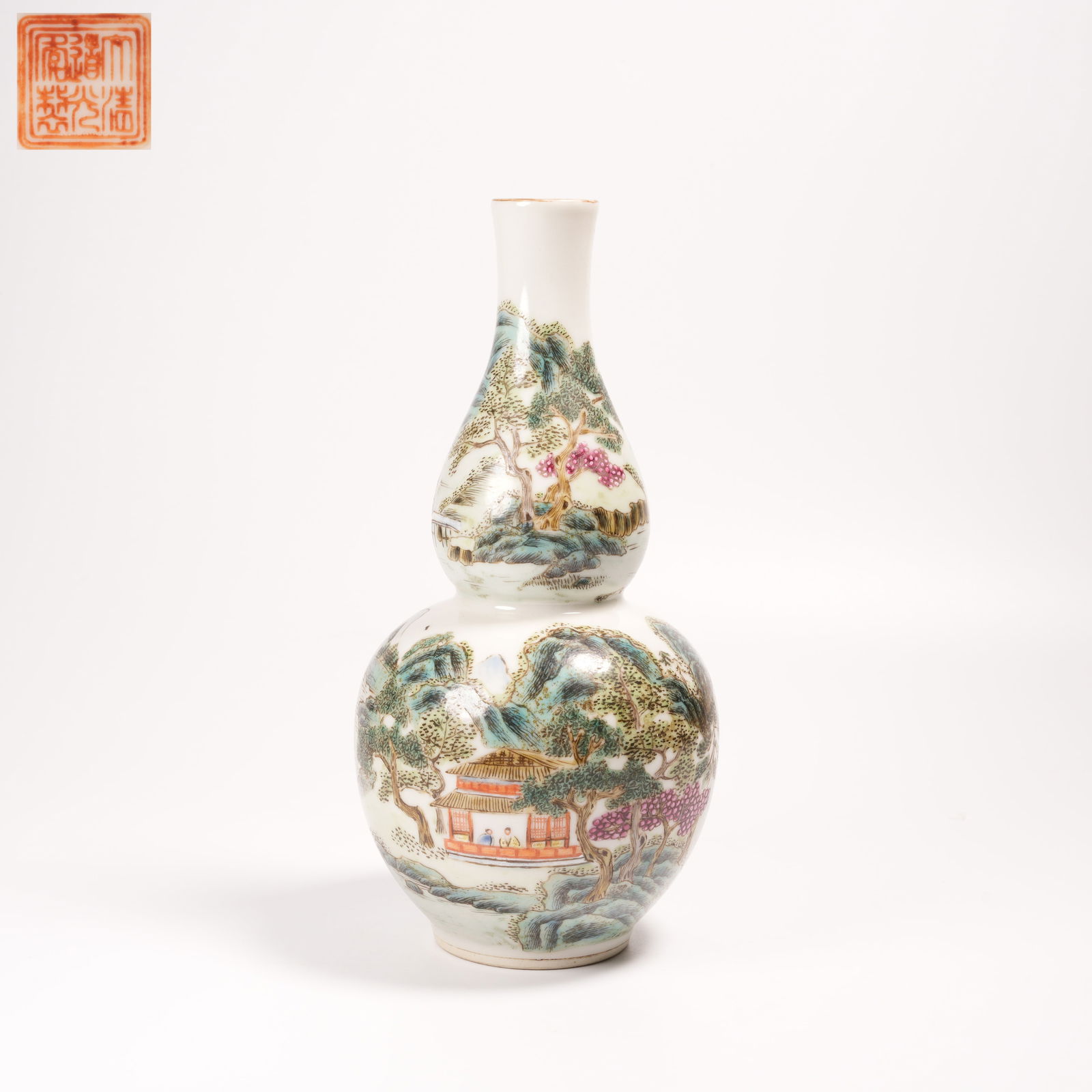 A FAMILLE ROSE GOURD VASE WITH LANDSCAPE AND PAVILION PATTERN (1 of 9)