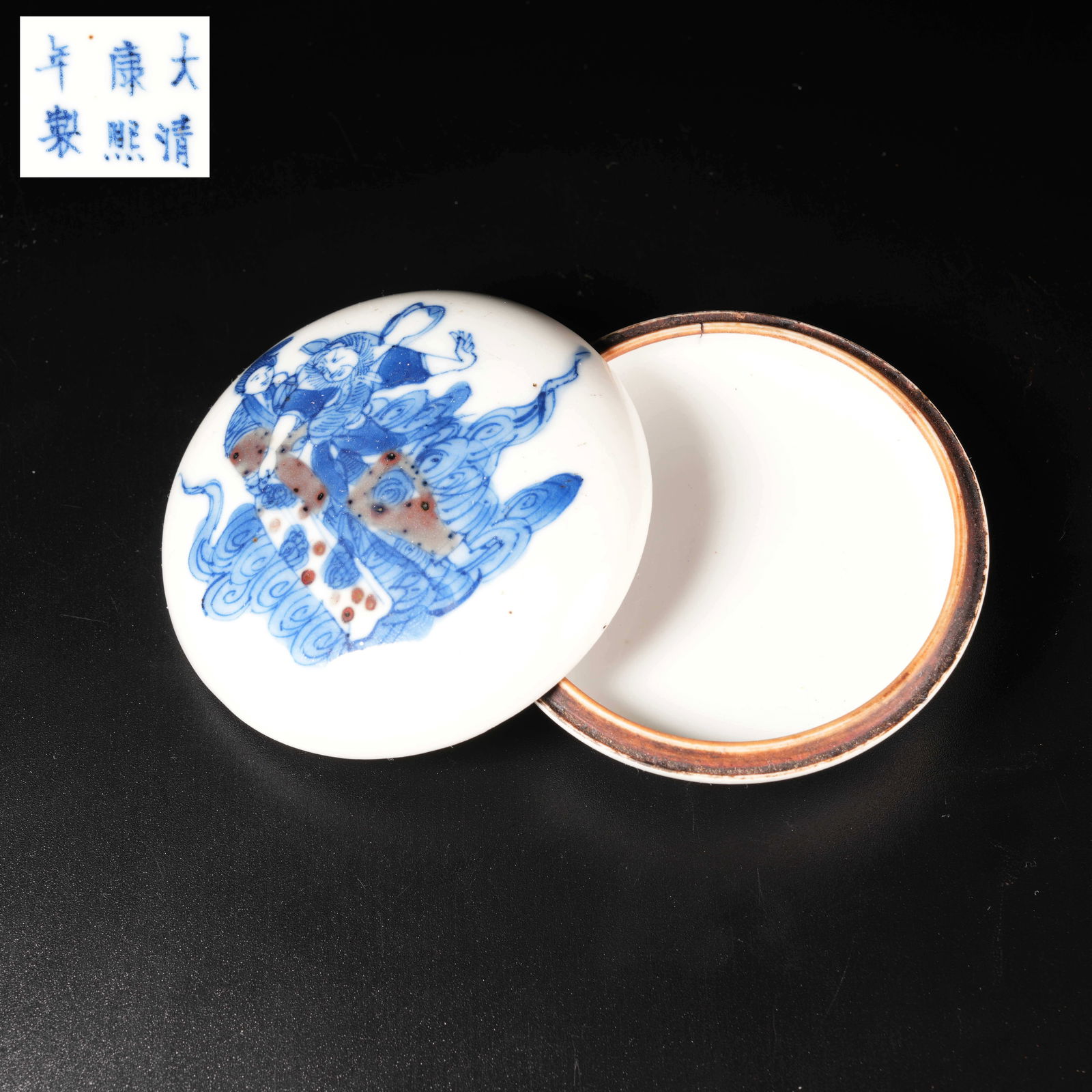 A BLUE-AND-WHITE INK PASTE BOX WITH ZHONG KUI MARRYING OFF HIS SISTER PATTERN (1 of 8)