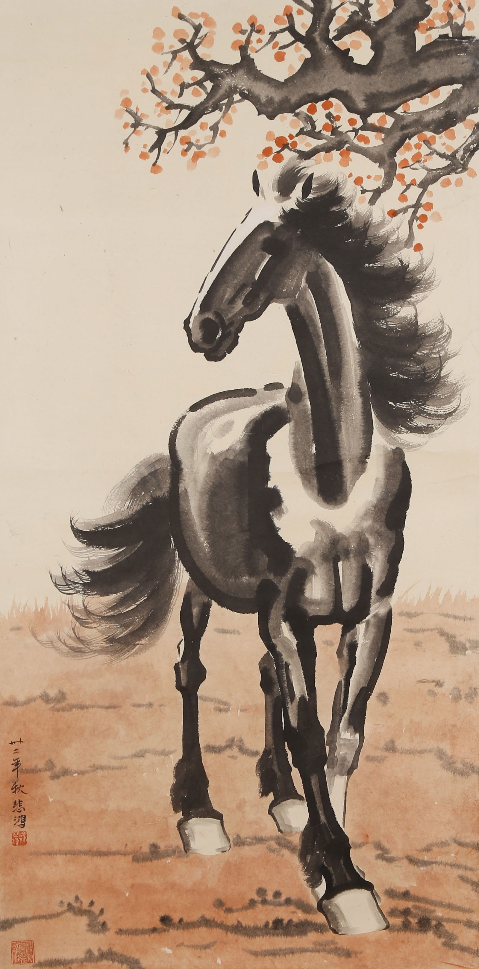 A HORSE PAINTING ON PAPER BY XU BEIHONG.徐悲鴻: Horse Painting on Paper by Xu Beihong.徐悲鴻