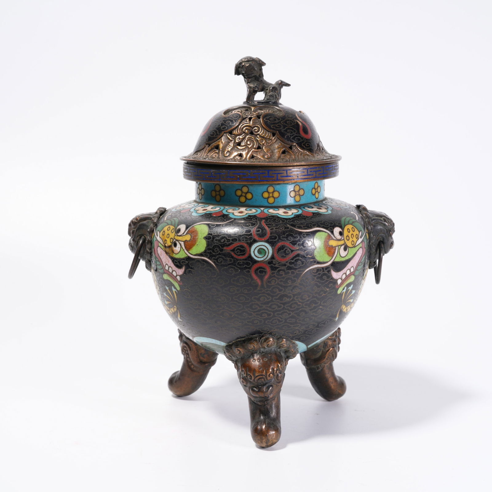 A GILDED CLOISONNÉ BRONZE DOUBLE-BEAST-HANDLED TRIPOD CENSER: Gilded Cloisonné Bronze Double-Beast-Handled Tripod Censer