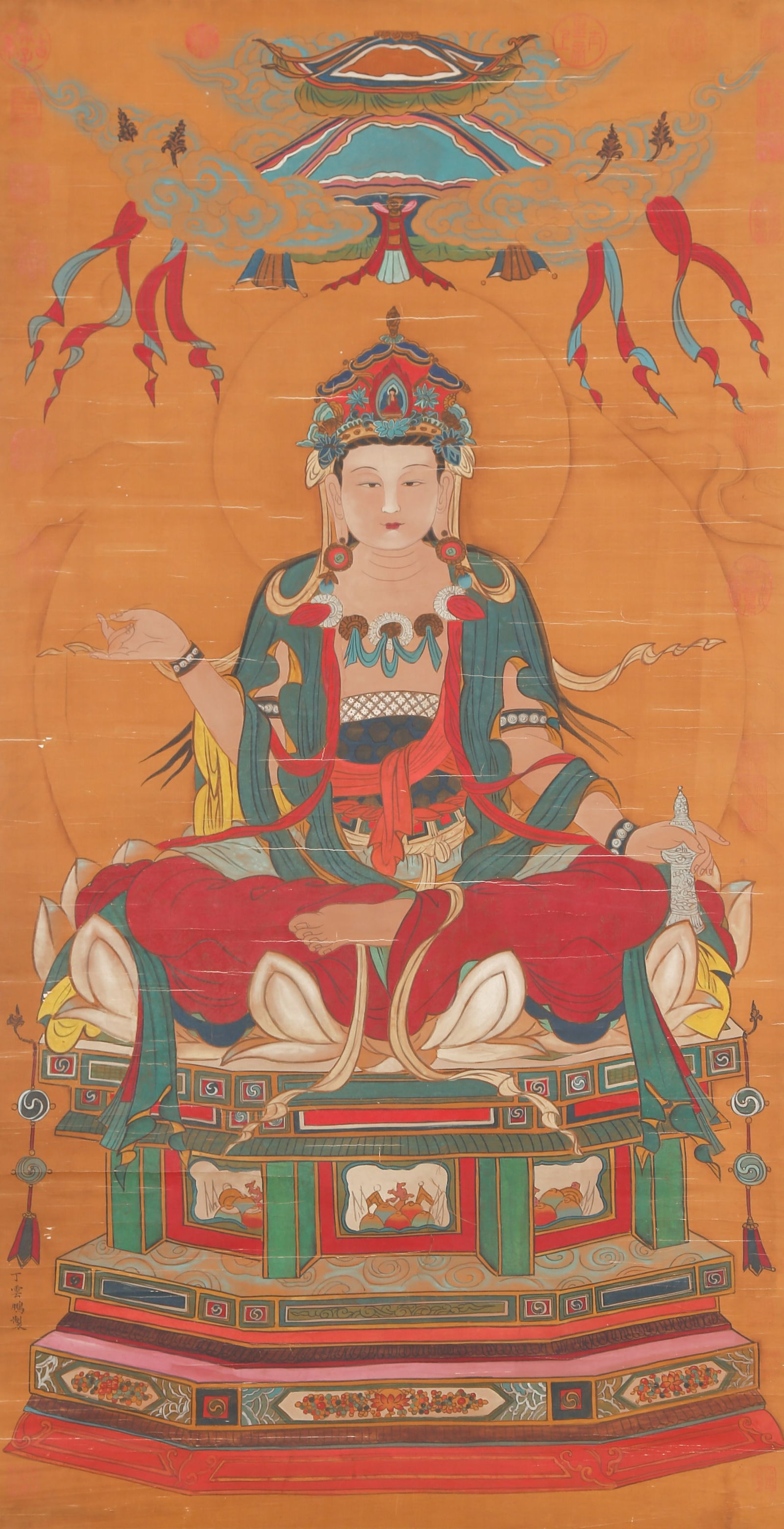 A SEATED BODHISATTVA ON SILK BY DING GUANPENG.丁觀鵬: Seated Bodhisattva on Silk by Ding Guanpeng.丁觀鵬