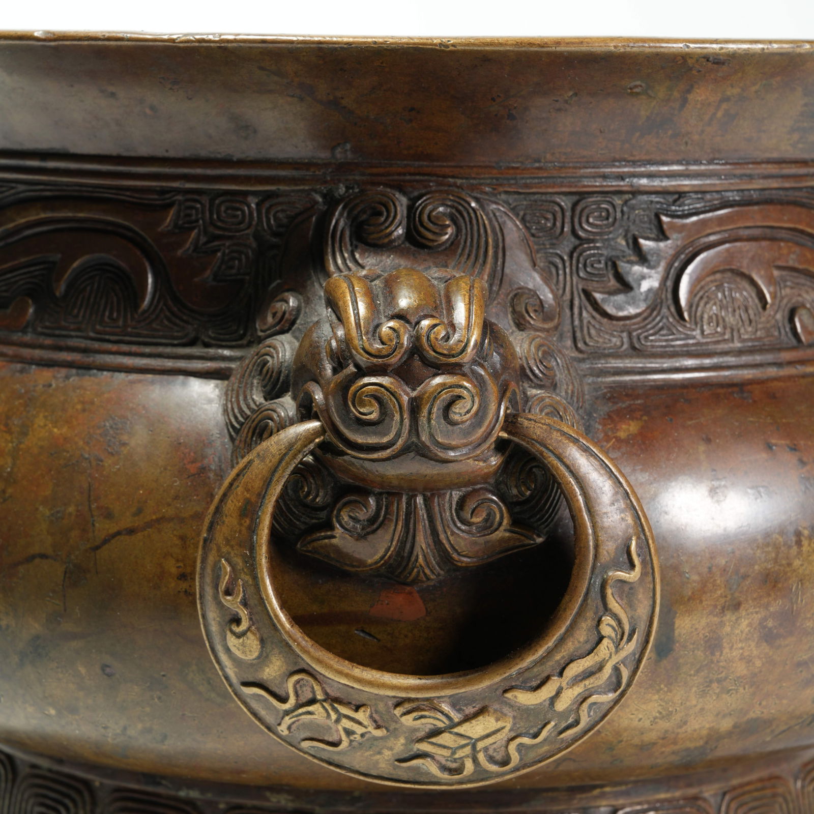 A BRONZE DOUBLE-BEAST-HANDLED CENSER - 3