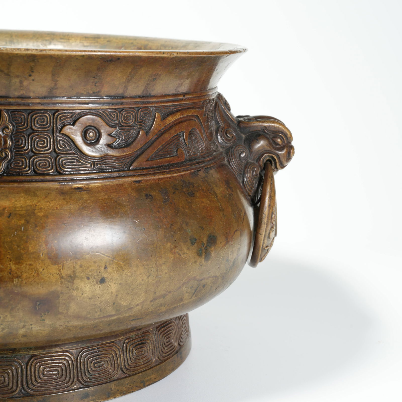 A BRONZE DOUBLE-BEAST-HANDLED CENSER - 5