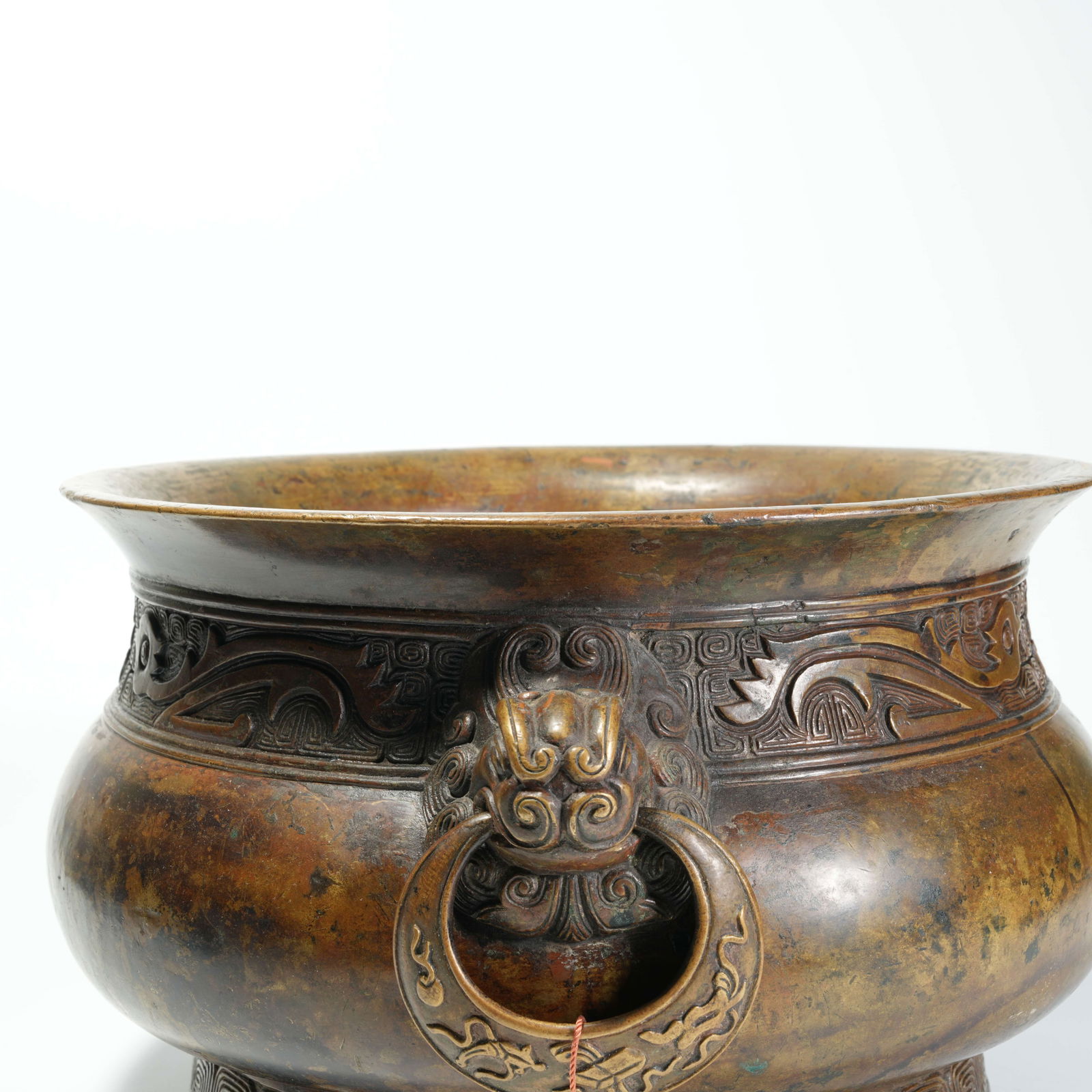 A BRONZE DOUBLE-BEAST-HANDLED CENSER - 6