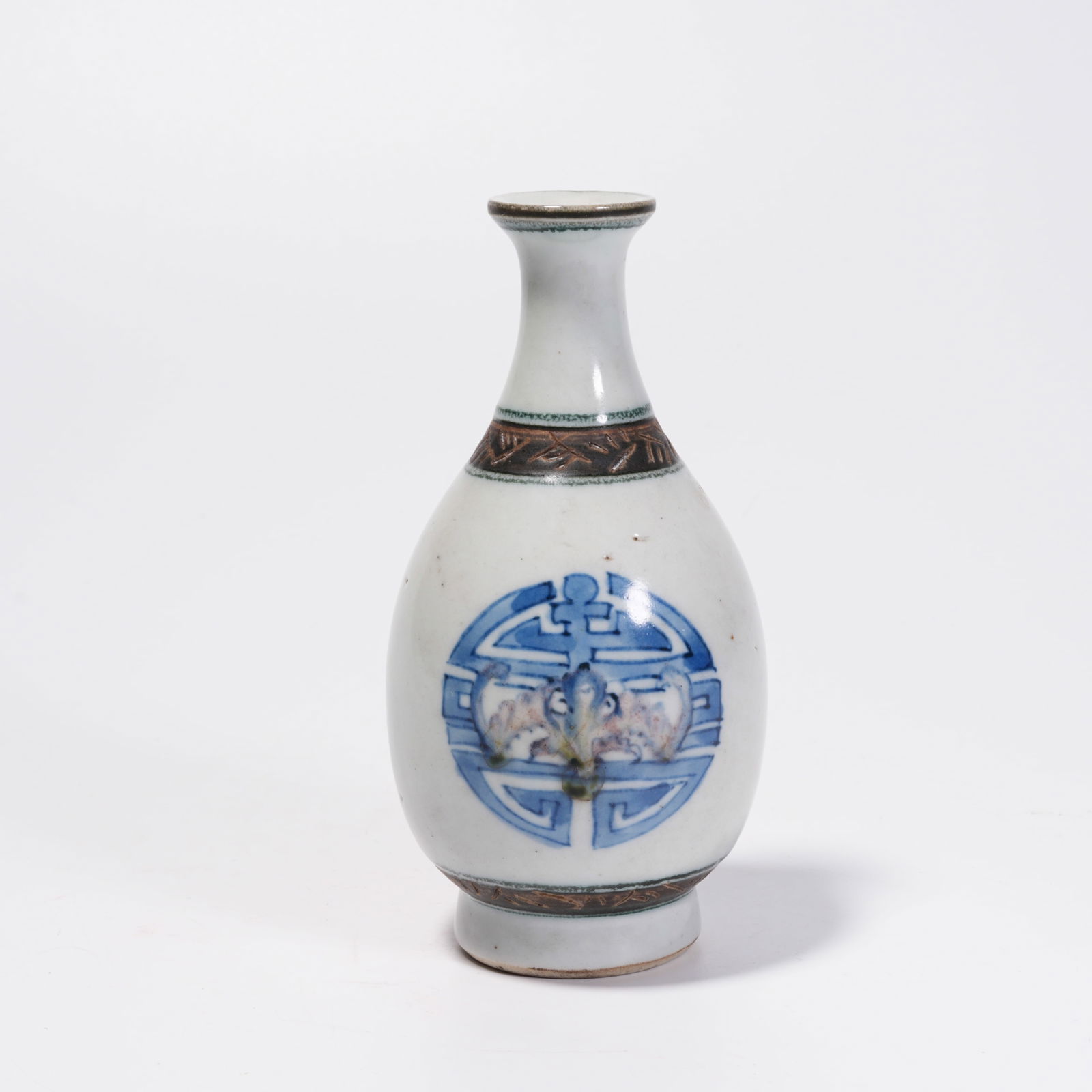A BLUE-AND-WHITE BOTTLE WITH FU AND SHOU PATTERN: Blue-and-White Bottle with Fu and Shou Pattern