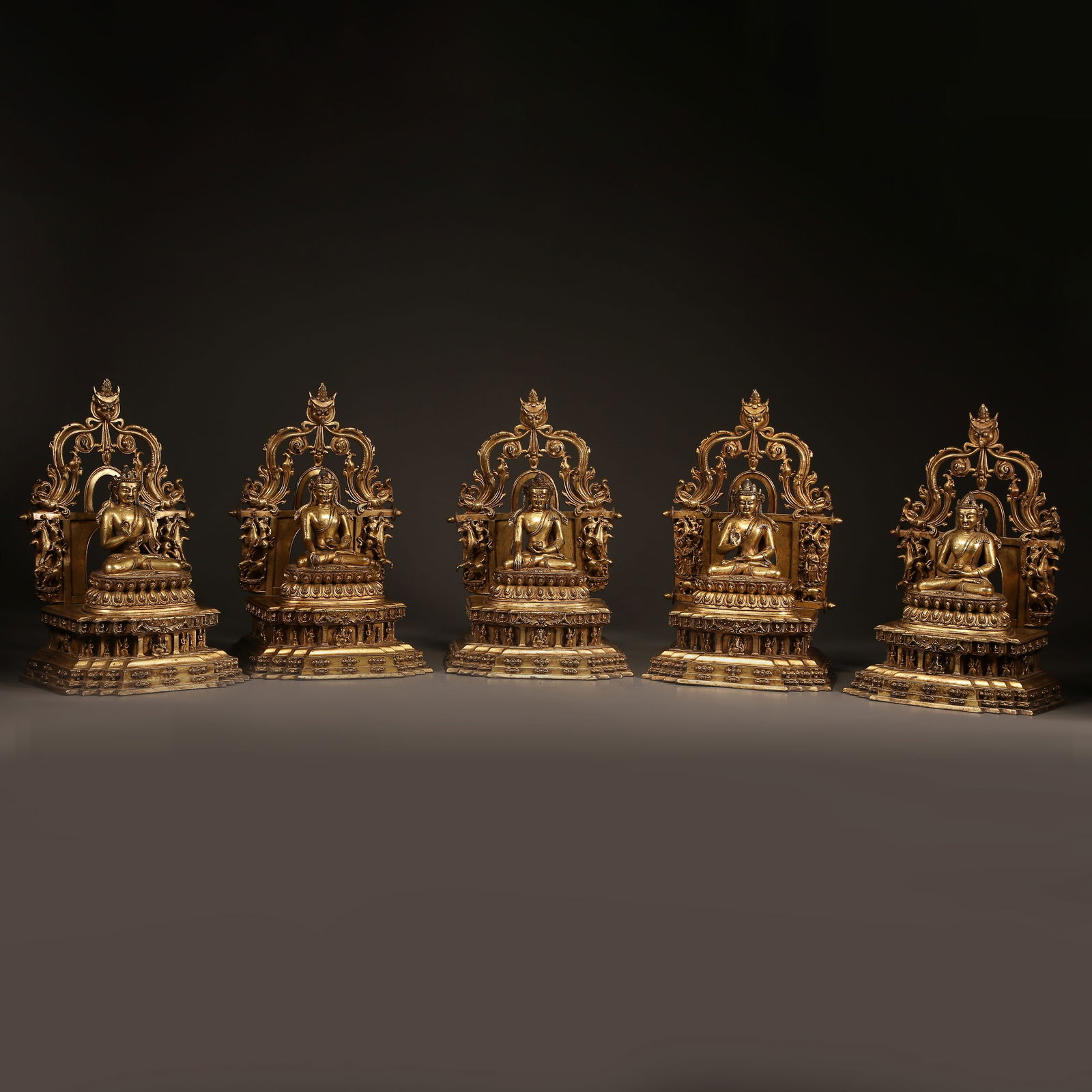 A SET OF GILT BRONZE FIVE DHYANI BUDDHAS: Set of Gilt Bronze Five Dhyani Buddhas