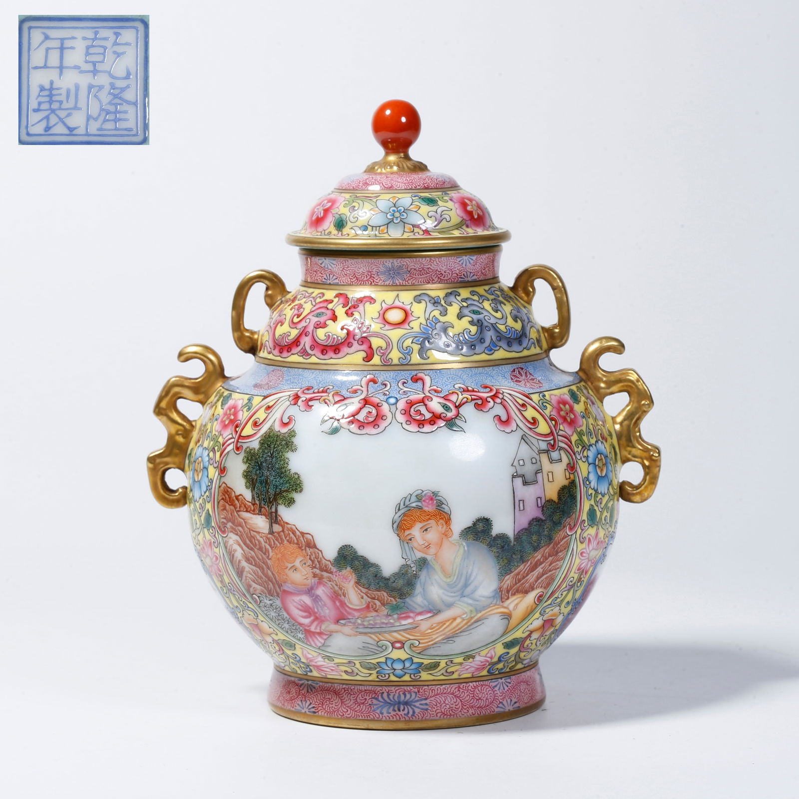 A FAMILLE ROSE COVERED JAR WITH WESTERN FIGURE DESIGN IN OPEN PANELS: Famille rose covered jar with Western figure design in open panels