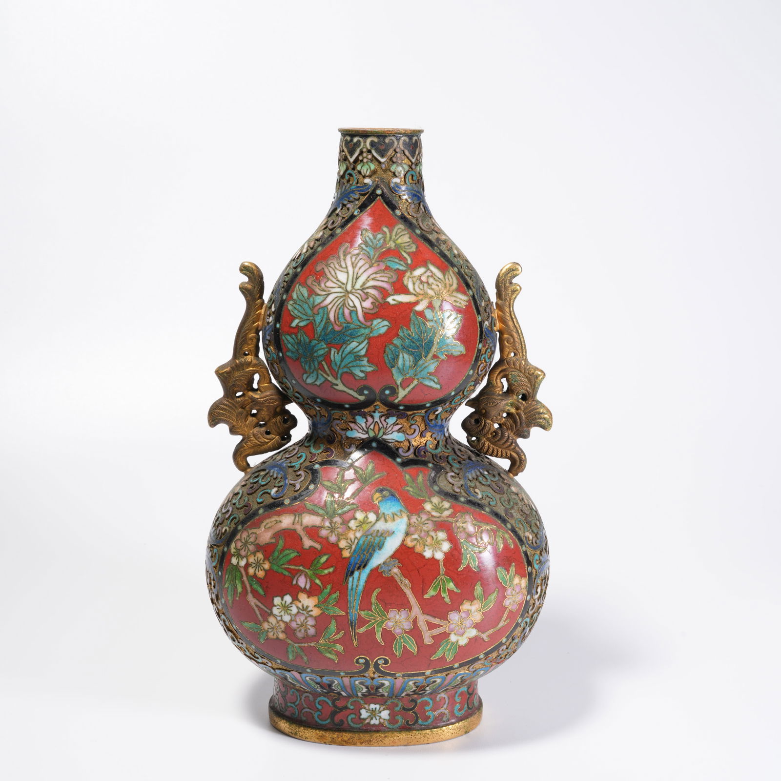 A BRONZE CLOISONNÉ FLOWER-AND-BIRD GOURD VASE: Bronze Cloisonné Flower-and-Bird Gourd Vase