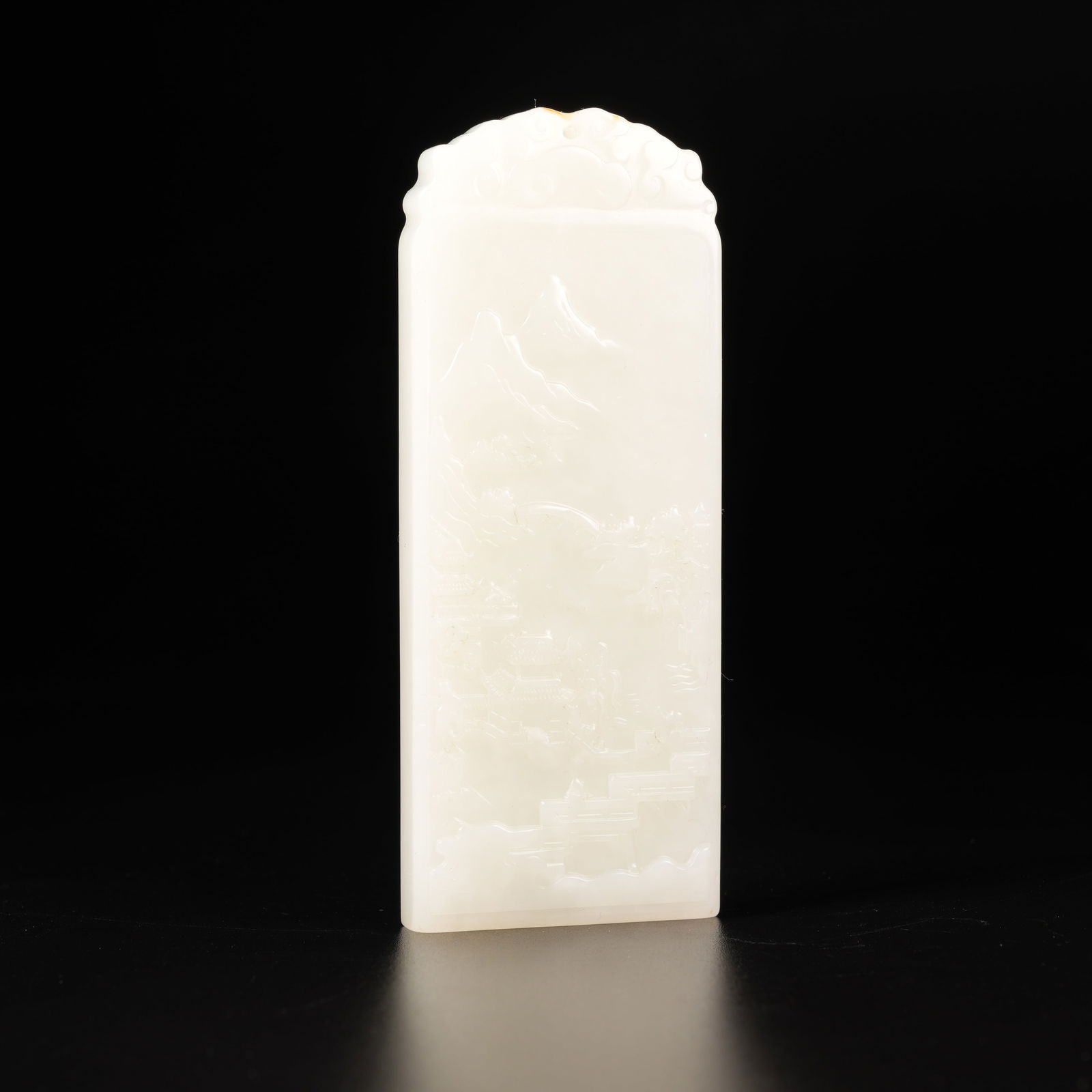 A HETIAN JADE PENDANT WITH LANDSCAPE AND PAVILION PATTERN: Hetian Jade Pendant with Landscape and Pavilion Pattern