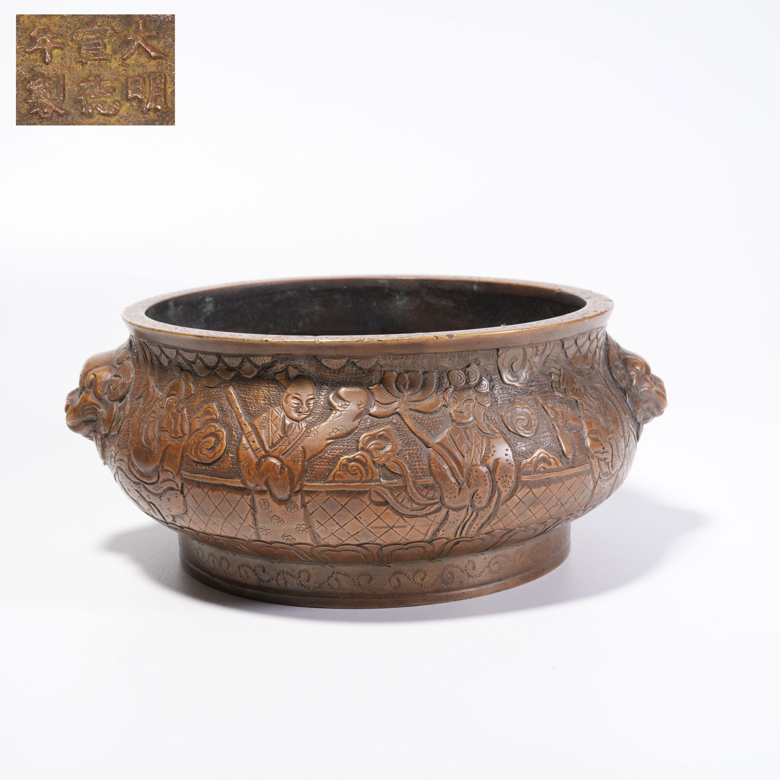 A BRONZE DOUBLE-BEAST-HANDLED CENSER WITH EIGHT IMMORTALS PATTERN: Bronze Double-Beast-Handled Censer with Eight Immortals Pattern