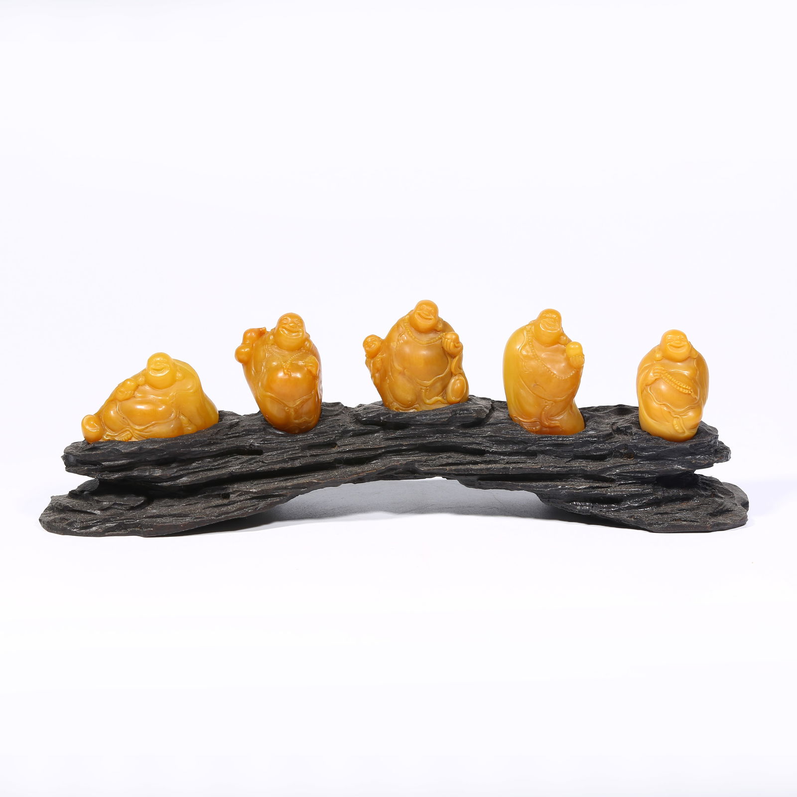 A SET OF SHOUSHAN TIANHUANG STONE MAITREYA BUDDHA FIGURINES: Set of Shoushan Tianhuang stone Maitreya Buddha figurines