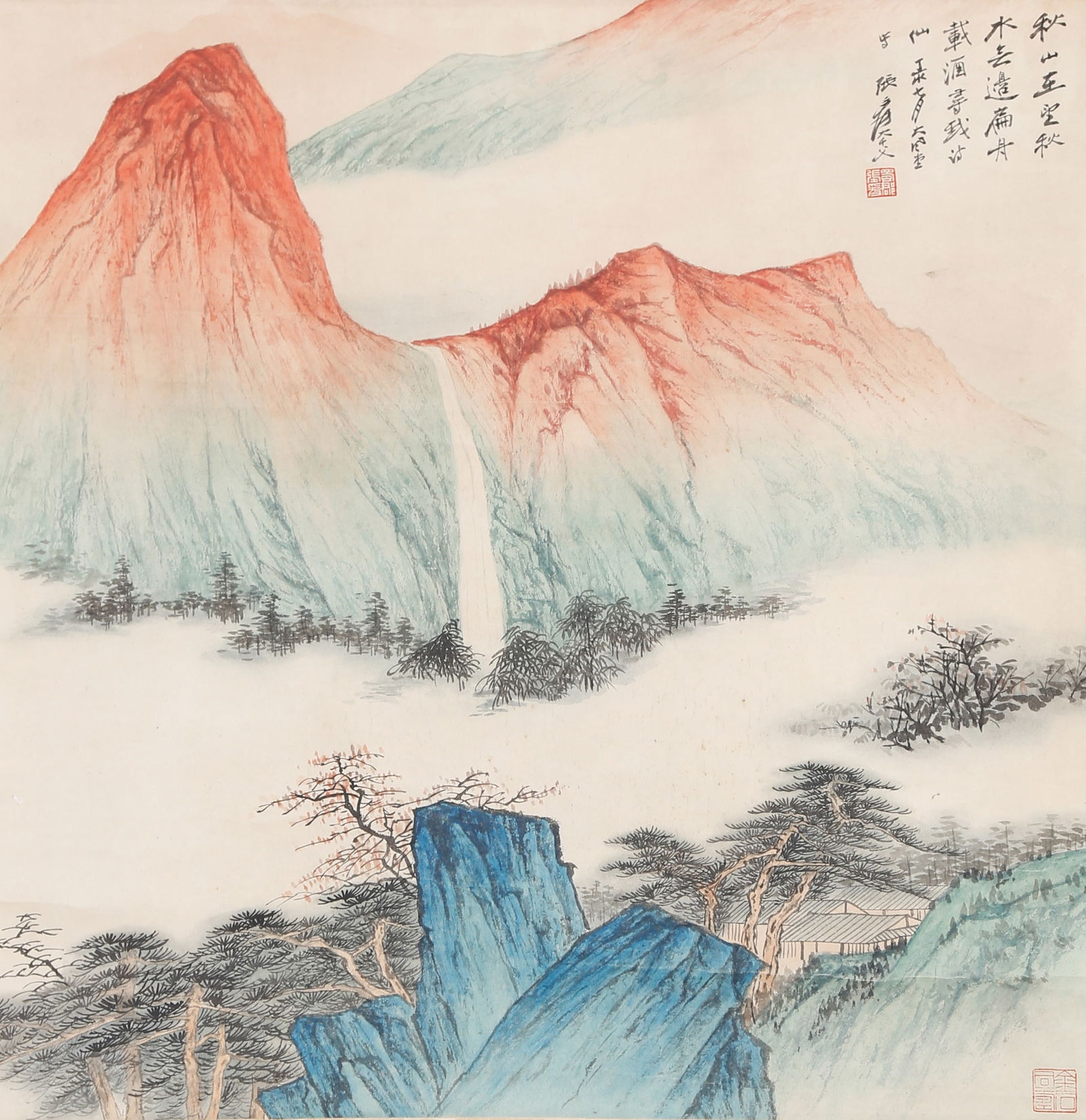 A LANDSCAPE PAINTING ON PAPER BY ZHANG DAQIAN.張大千: Landscape Painting on Paper by Zhang Daqian.張大千
