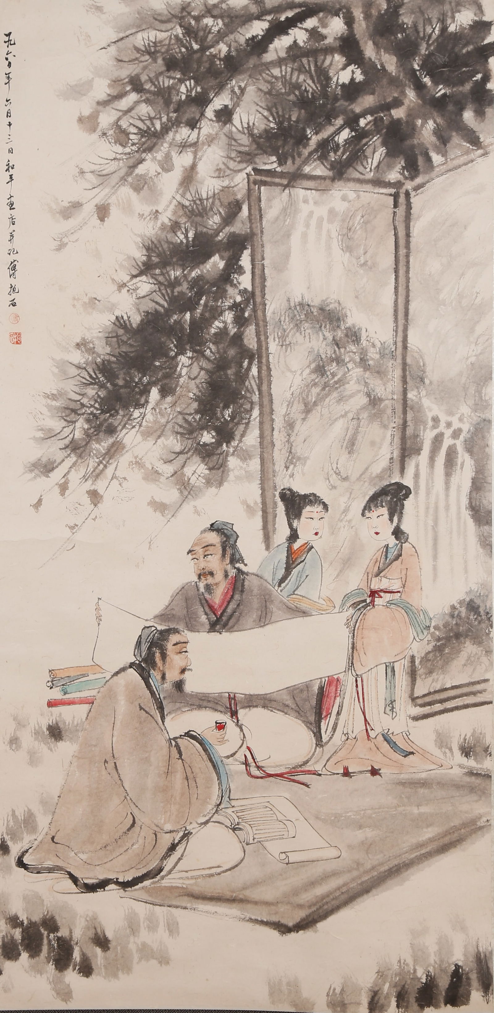 A NARRATIVE FIGURE PAINTING ON PAPER BY FU BAOSHI.傅抱石: Narrative Figure Painting on Paper by Fu Baoshi.傅抱石