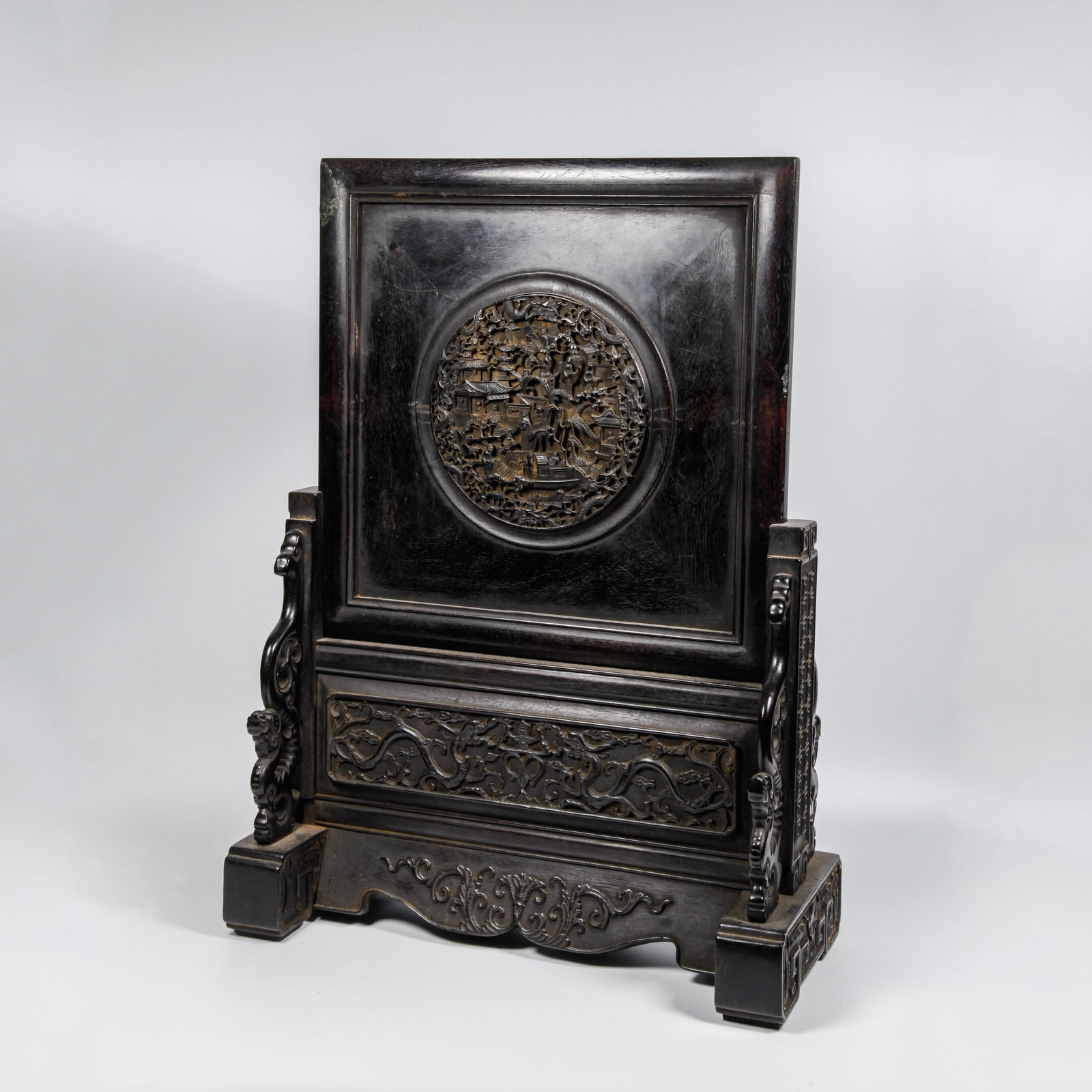 A ZITAN WOOD CARVED LANDSCAPE AND PAVILION PATTERN SCREEN (1 of 8)