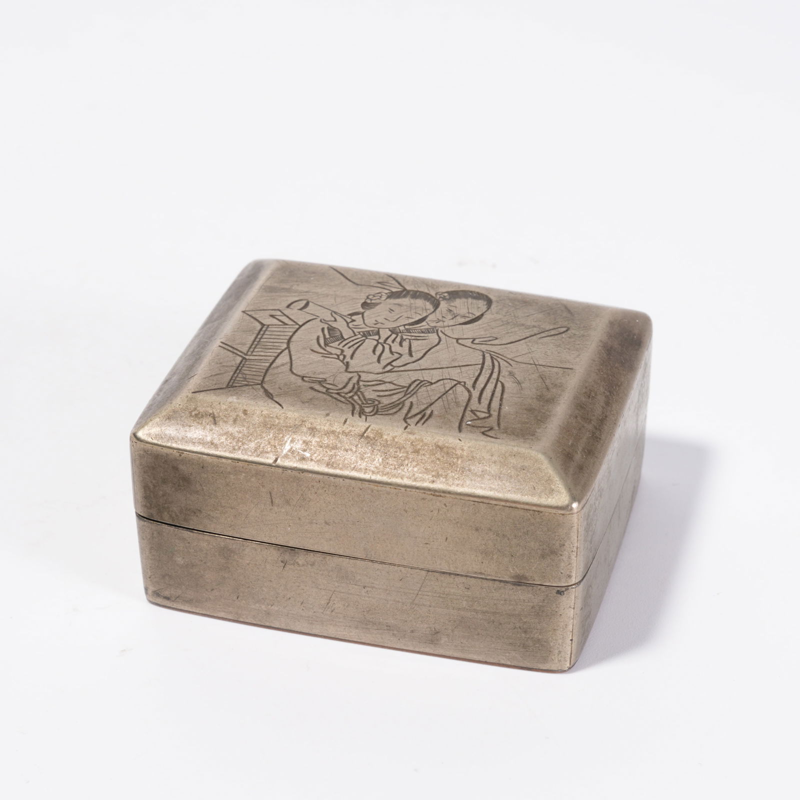 A BRONZE COVERED BOX WITH FIGURE NARRATIVE PATTERN: Bronze Covered Box with Figure Narrative Pattern