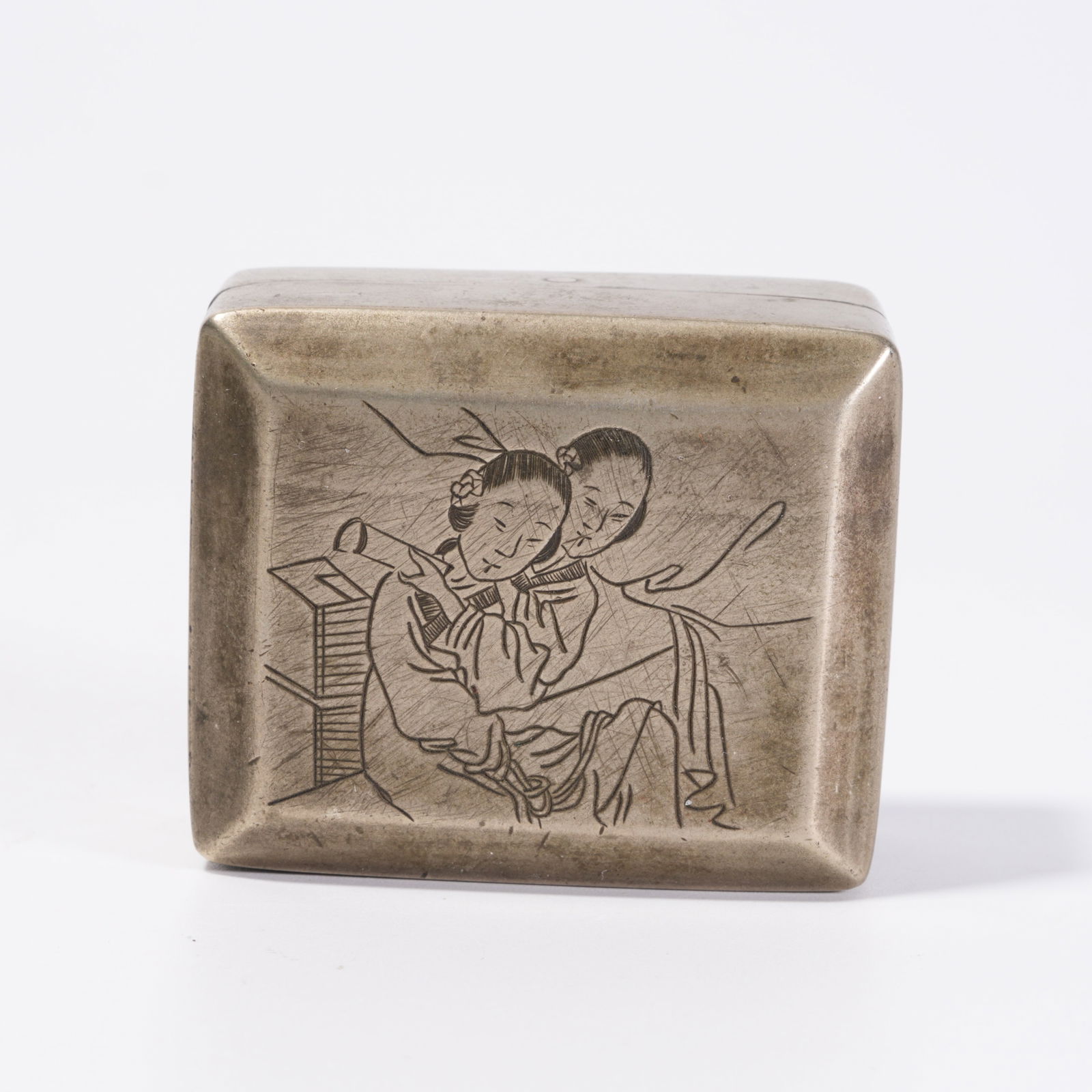 A BRONZE COVERED BOX WITH FIGURE NARRATIVE PATTERN - 6