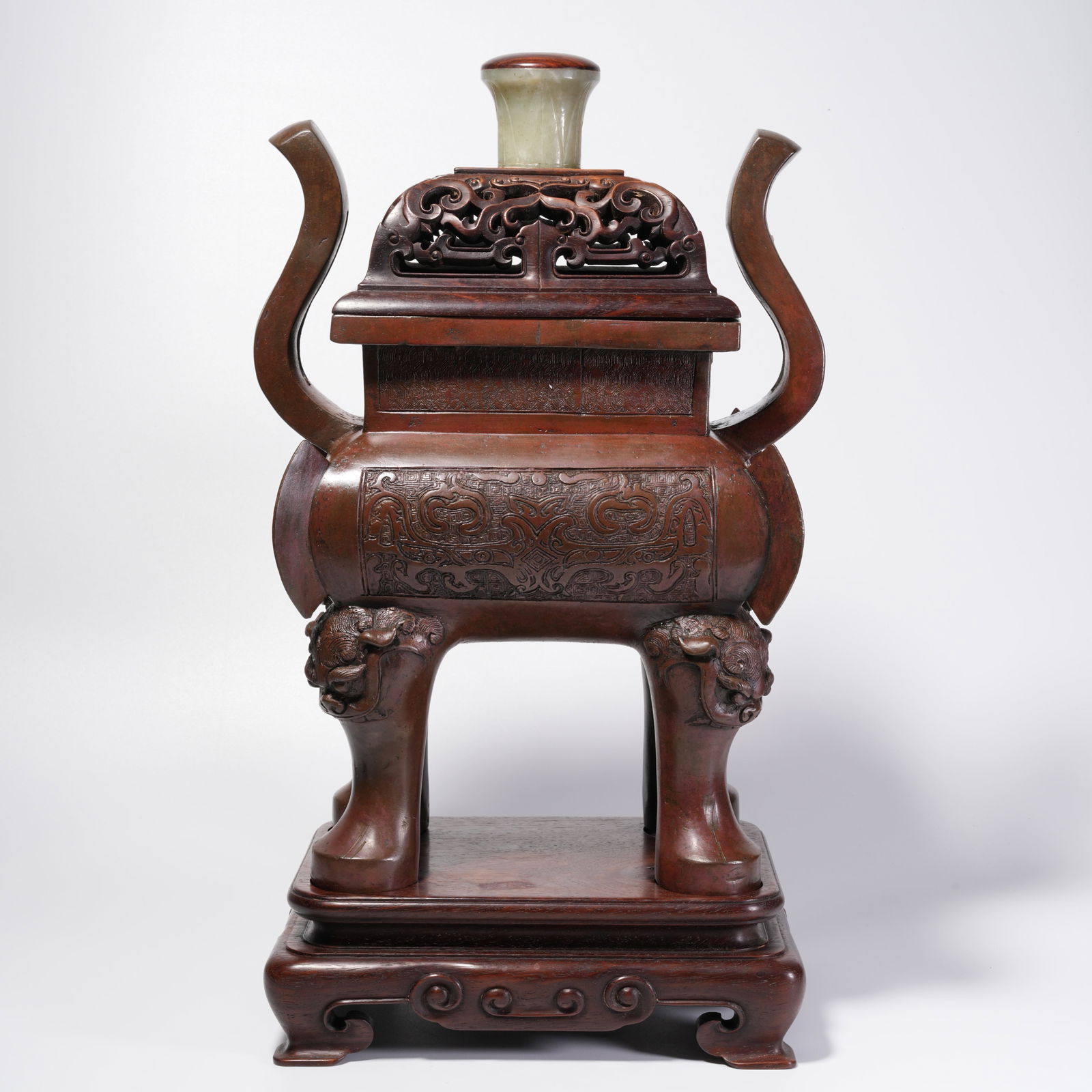 A BRONZE INCENSE BURNER WITH BEAST-FACE PATTERN: Bronze Incense Burner with Beast-Face Pattern