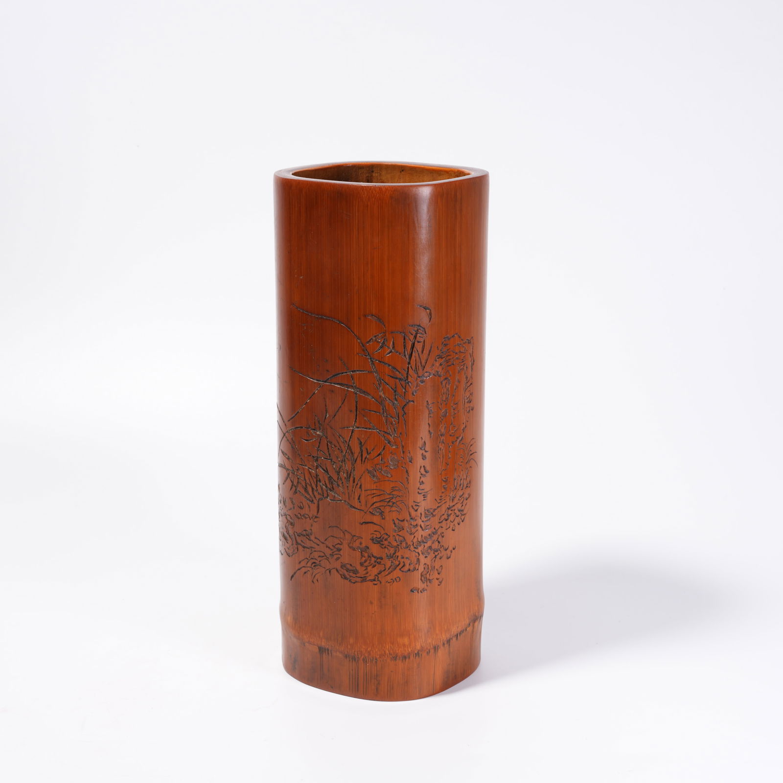 A BAMBOO BRUSH POT WITH FLOWER-AND-BIRD PATTERN: Bamboo Brush Pot with Flower-and-Bird Pattern